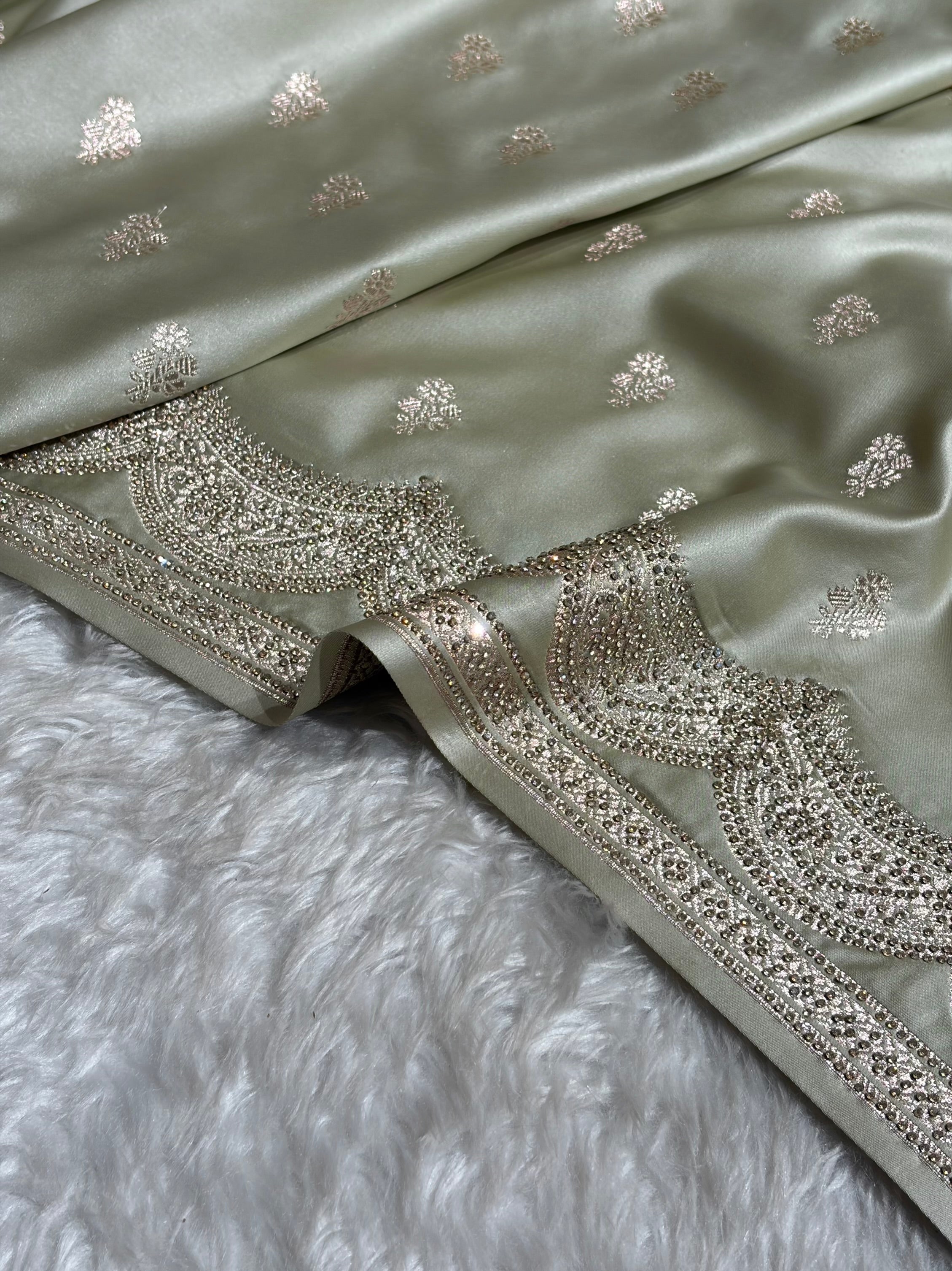 Banarasi Light Pista Scallop Mashru Silk with White Stone Swarovski work BMCS02