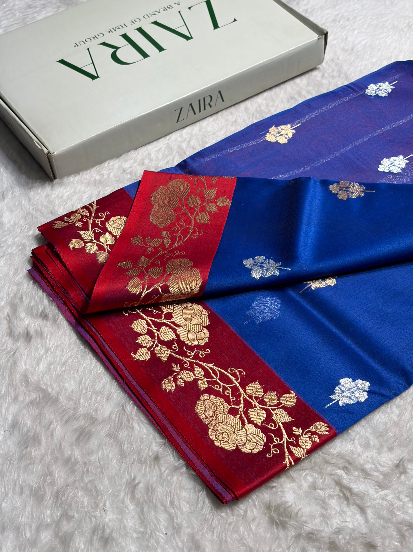 Contrast Pure Banarasi Organza Royal Blue With Maroon Floral Banarasi Silk Saree PO-13