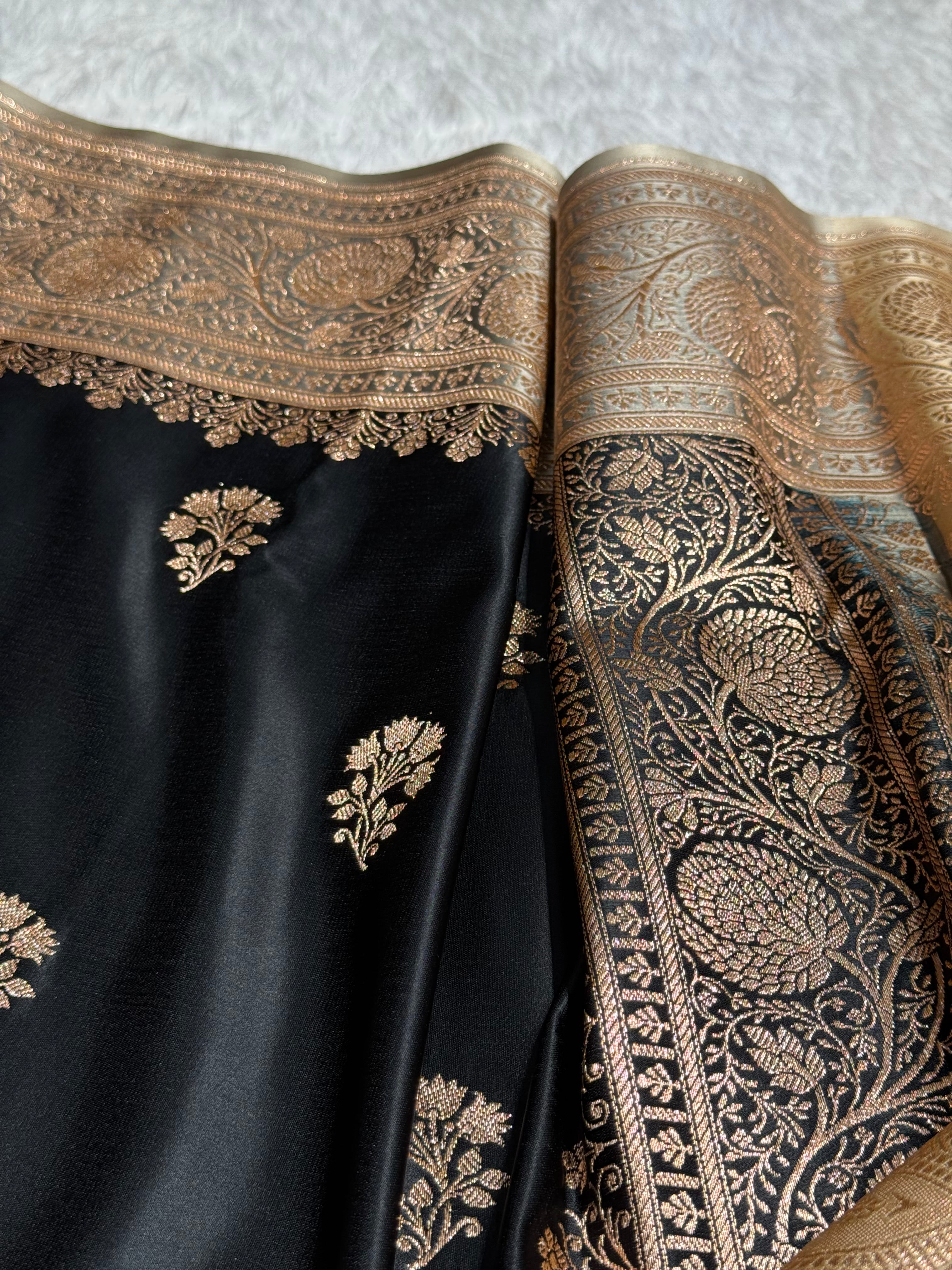 Black - Cream Banarasi Boota Katan Silk Saree