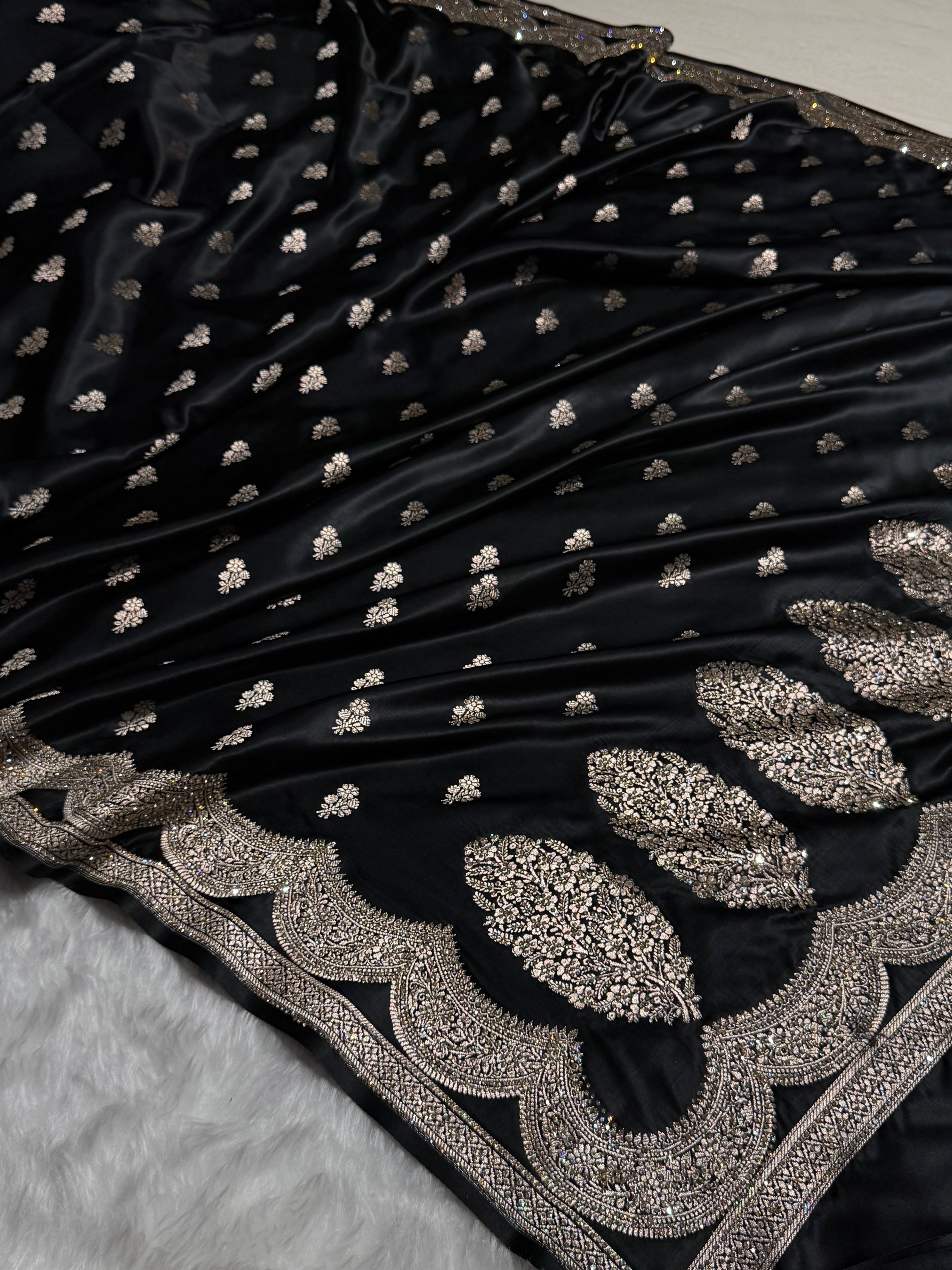 Banarasi Black Scallop Mashru Silk with White Stone Swarovski work BMS02