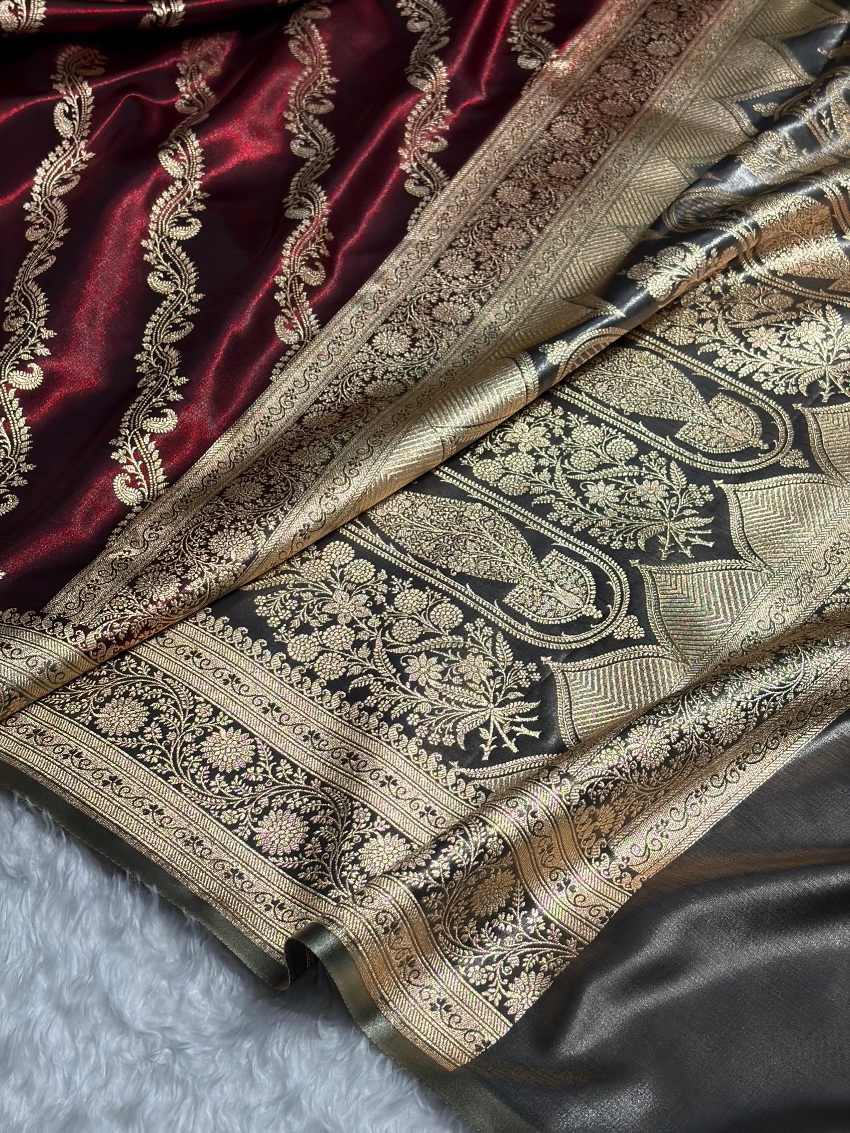Maroon Contrast Shades Cross Pattern Banarasi Satin Silk Saree SS39