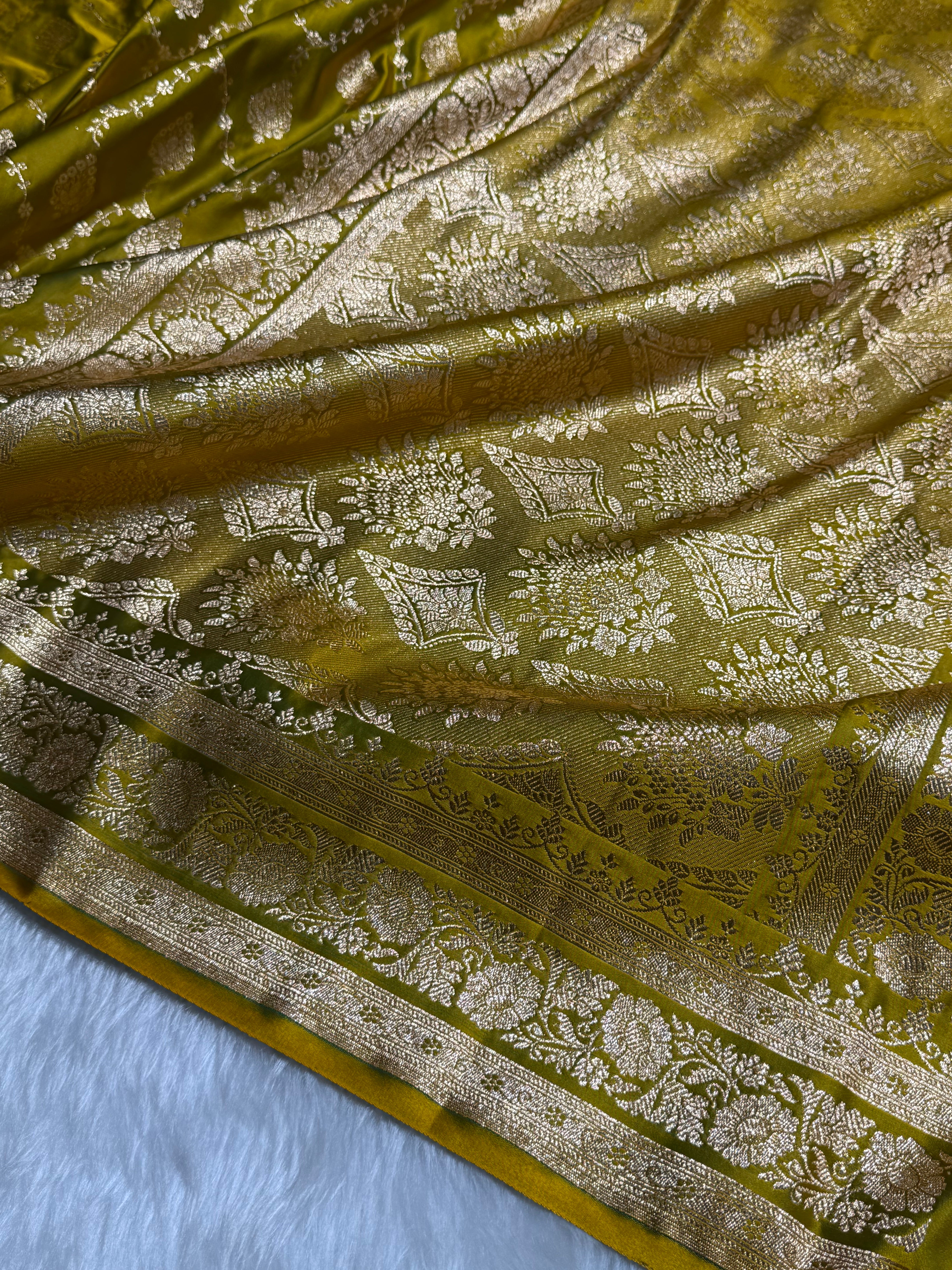 Mehandi Green Floral Jaal Pattern Satin Katan Silk saree SK42
