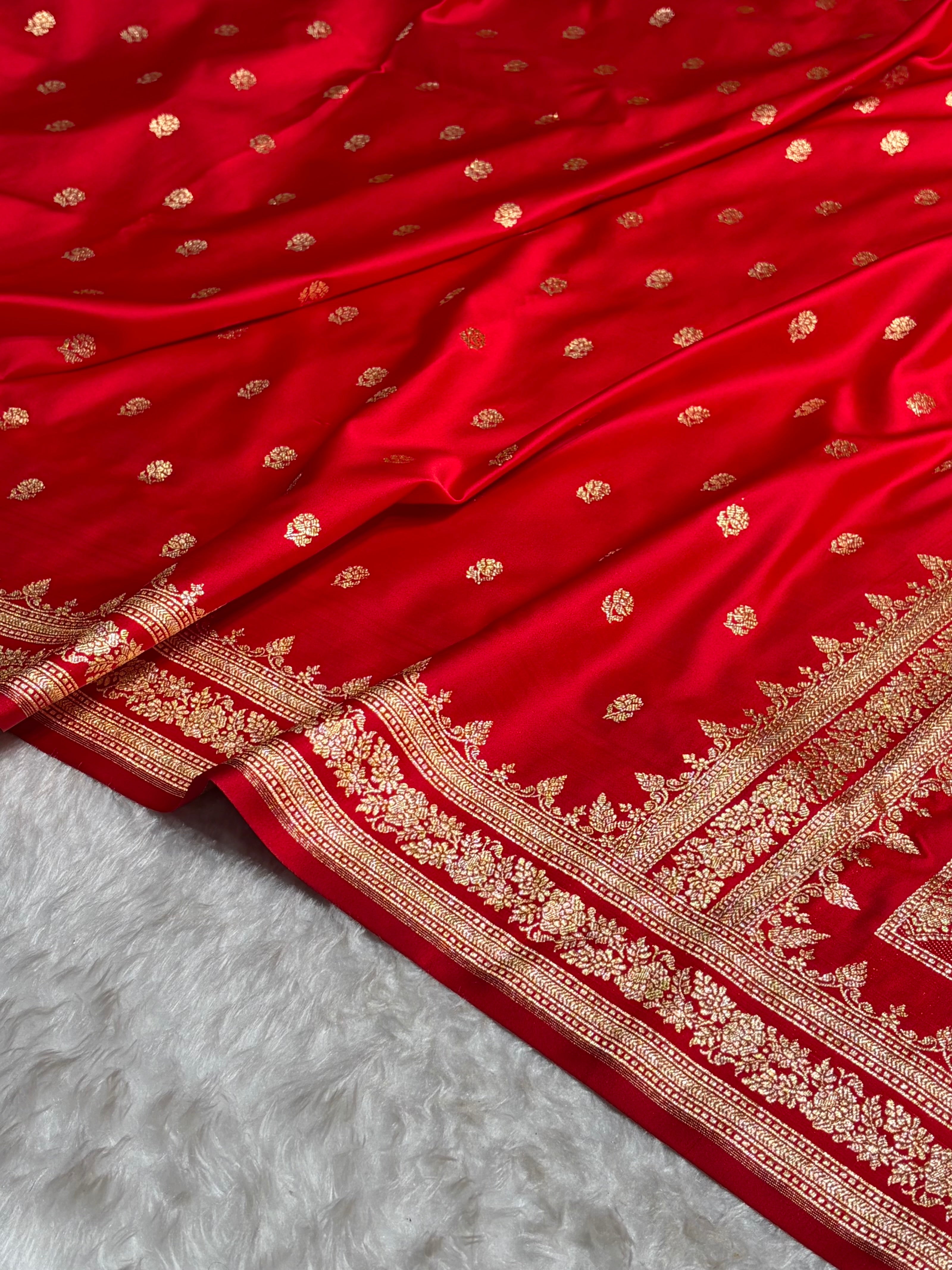 Red Floral Pattern Satin Katan Silk Saree SK76