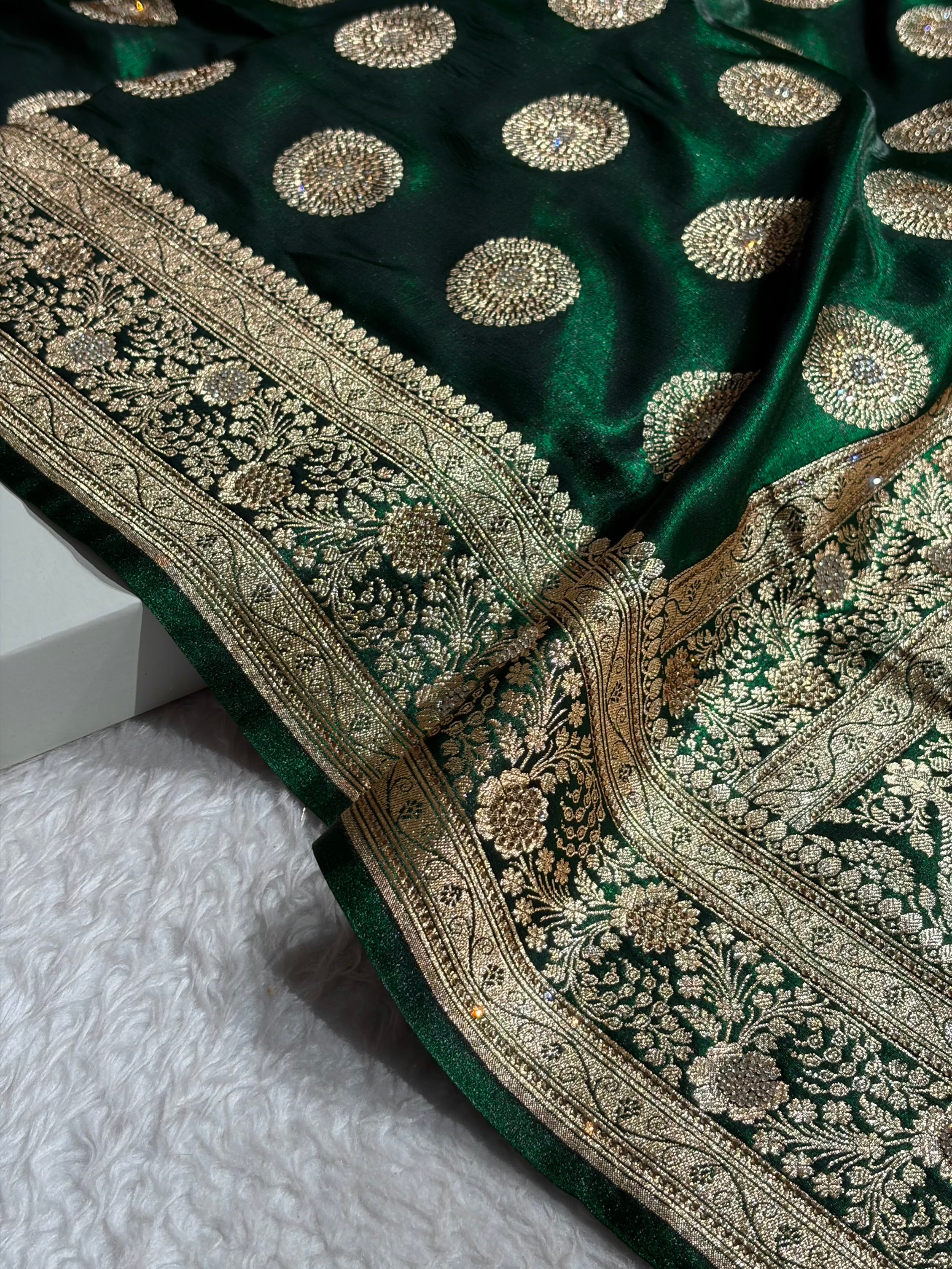 Bottle Green Shades Banarasi With Swarovski Stone Work Satin Silk Saree BSS33