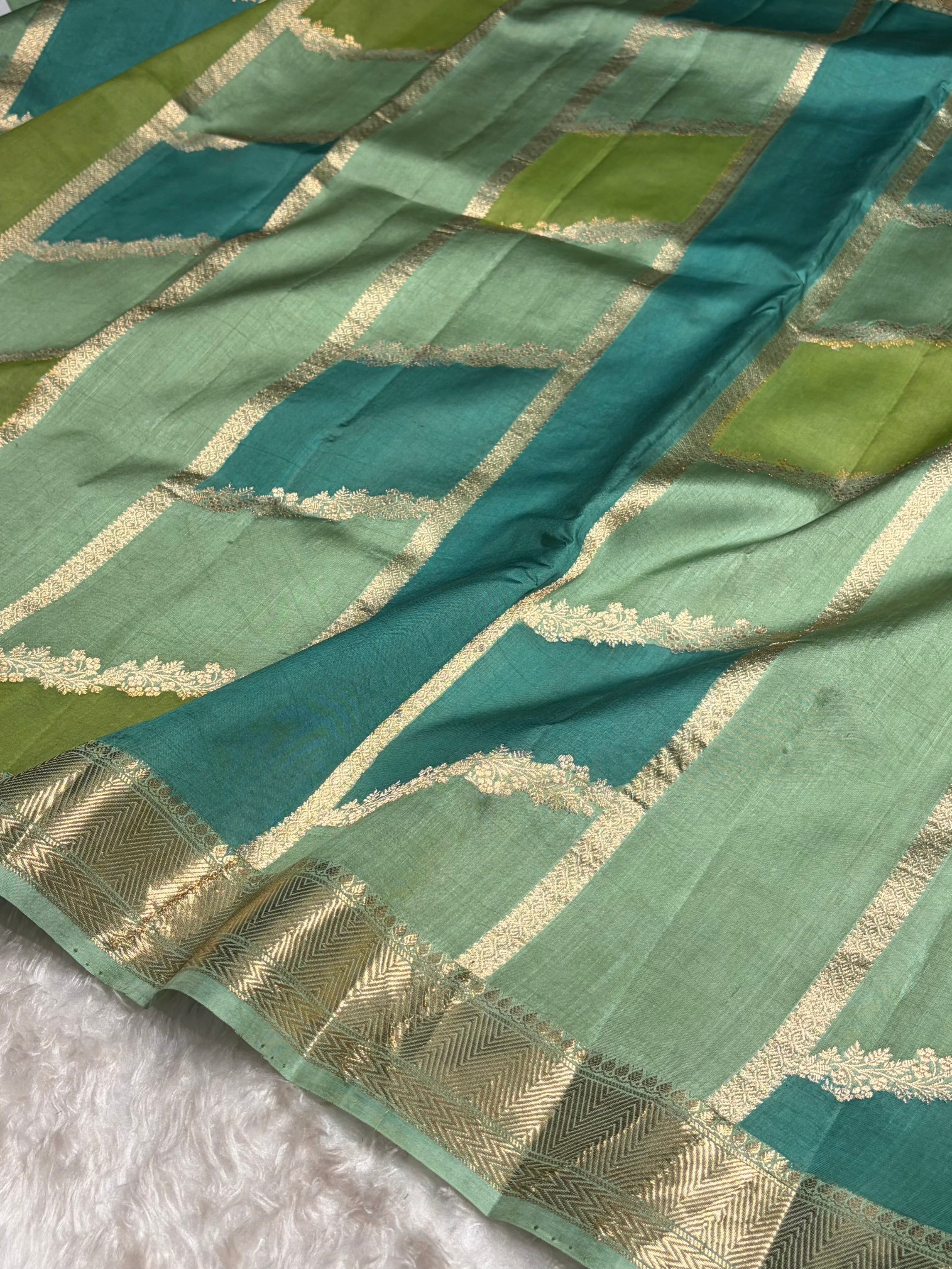 Banarasi Pista Green Rangkat Shades Handwoven Pure Paper Silk RM-67