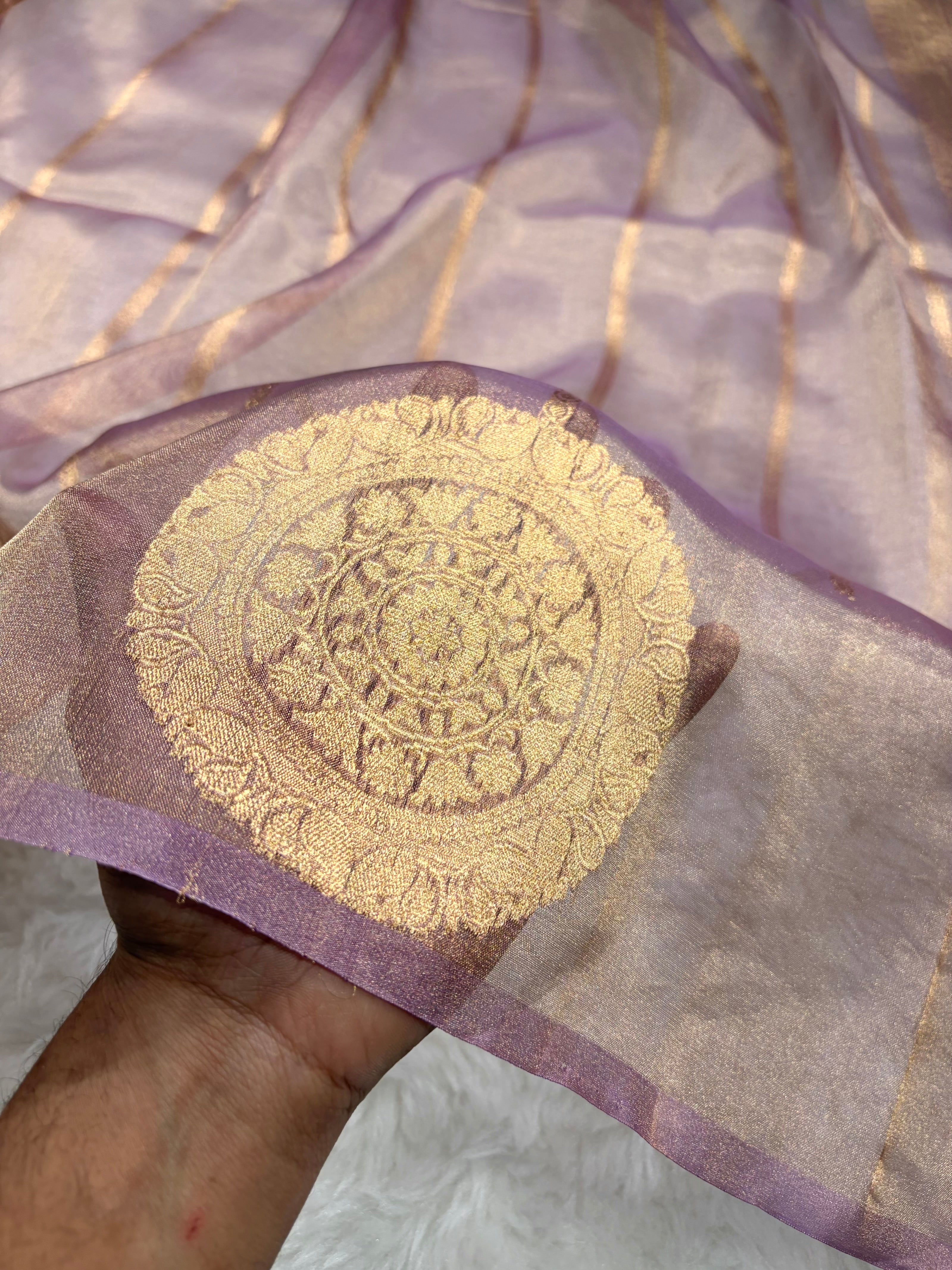 Pinkish Lavender Bananasi Floral Shades Pure Tissue Silk Saree PT-20