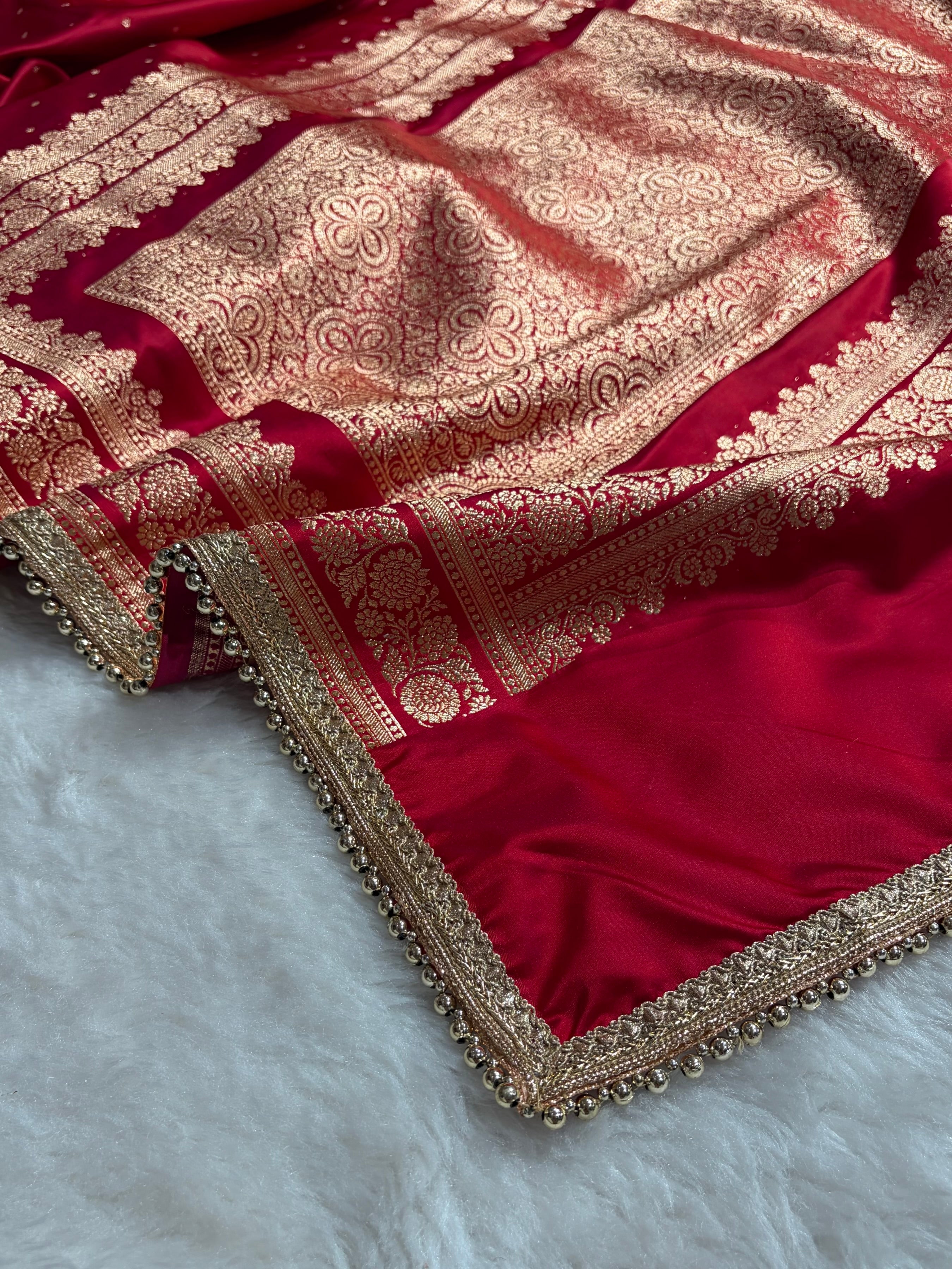 Banarasi Satin Katan Saree With Gotta Patti Work in Cross Red Shades SKGP91