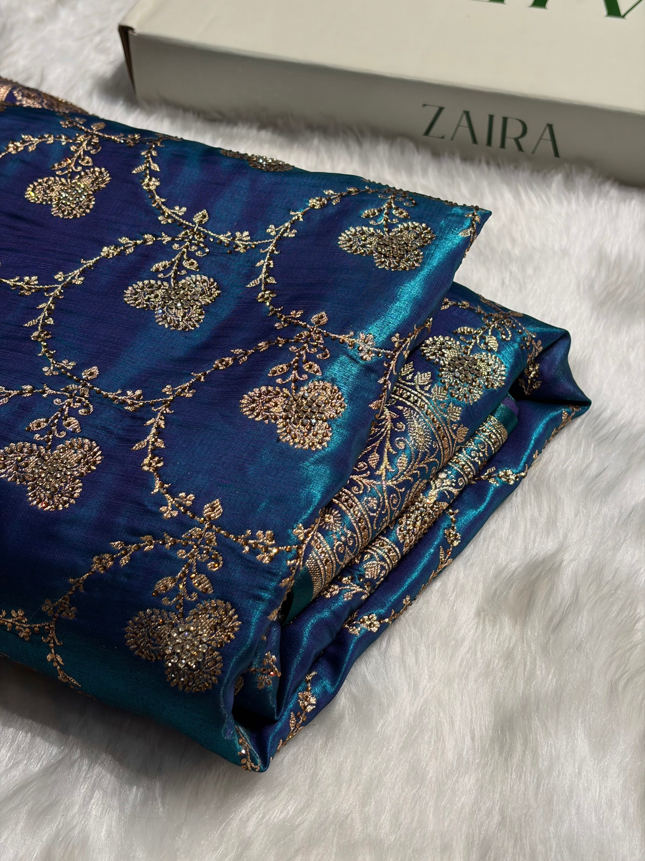 Satin Silk Saree Swarovski Work Jaal in Peacock Blue Shades BSS23