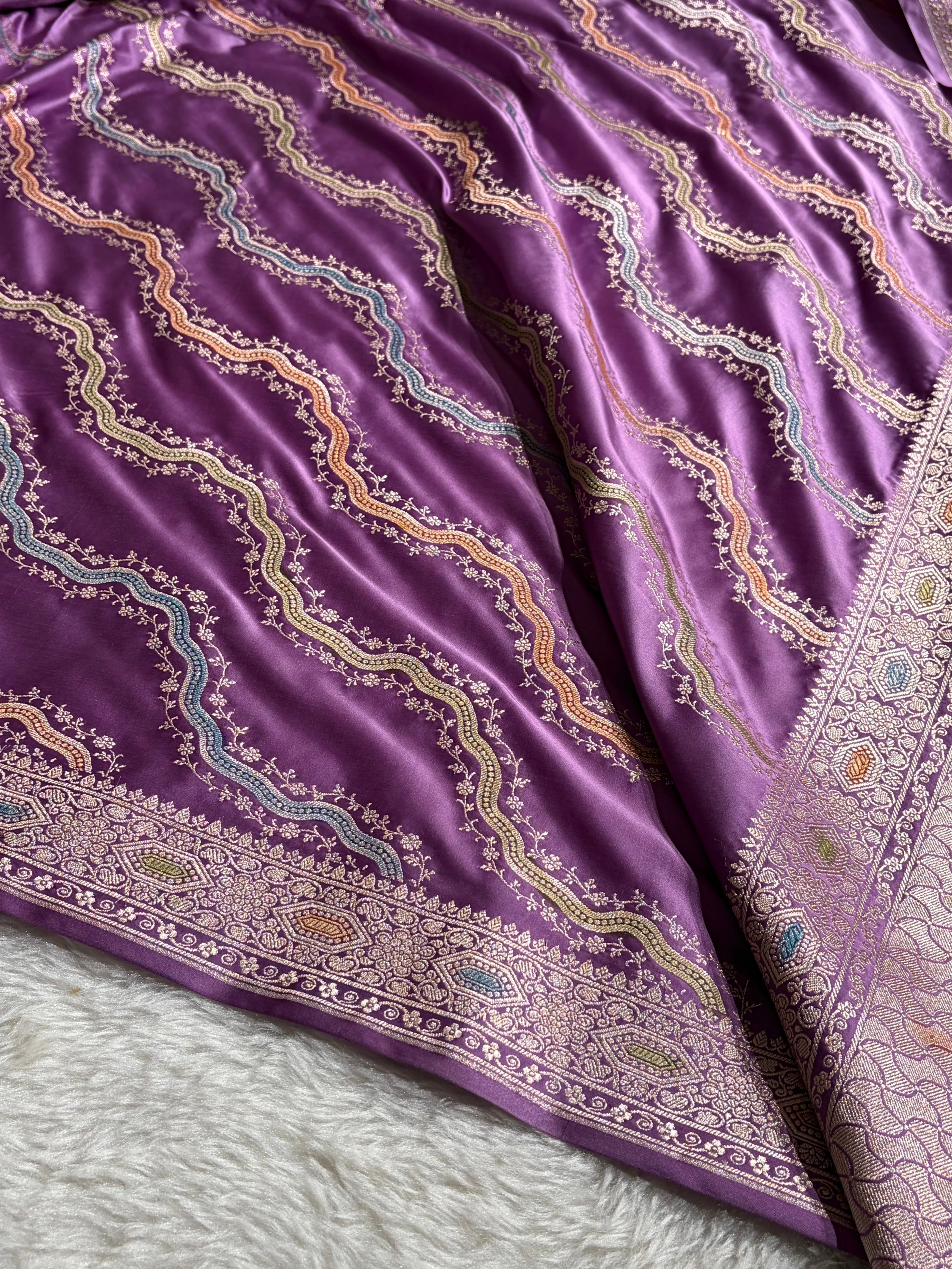 Banarasi Minakari Cross Pattern in Lavender Shades Mashru Silk Saree MCS93