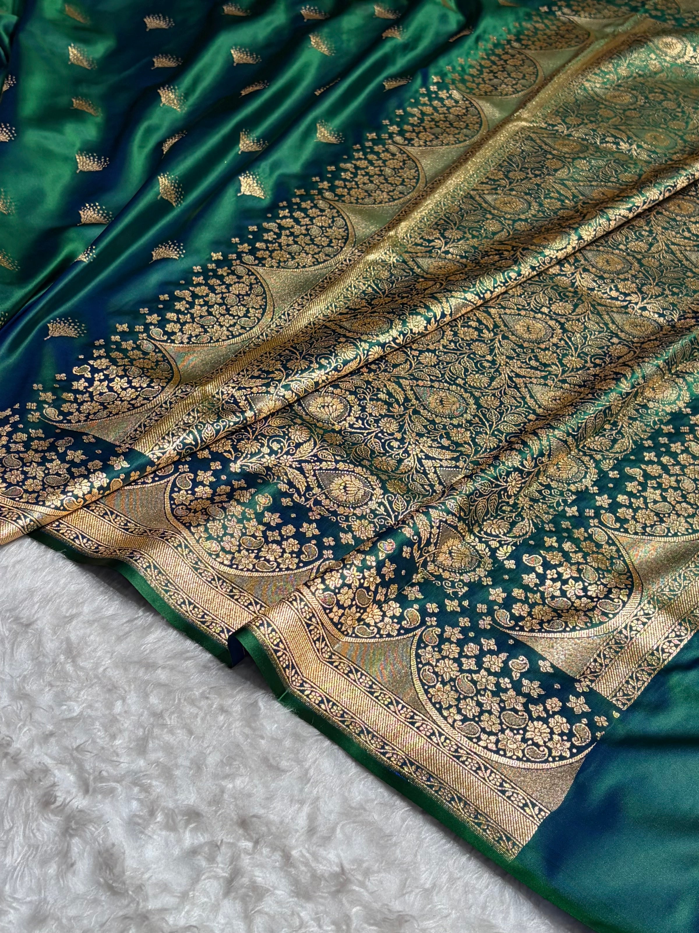 Cross Green Floral Banasari Pattern Satin Katan Silk Saree SK83
