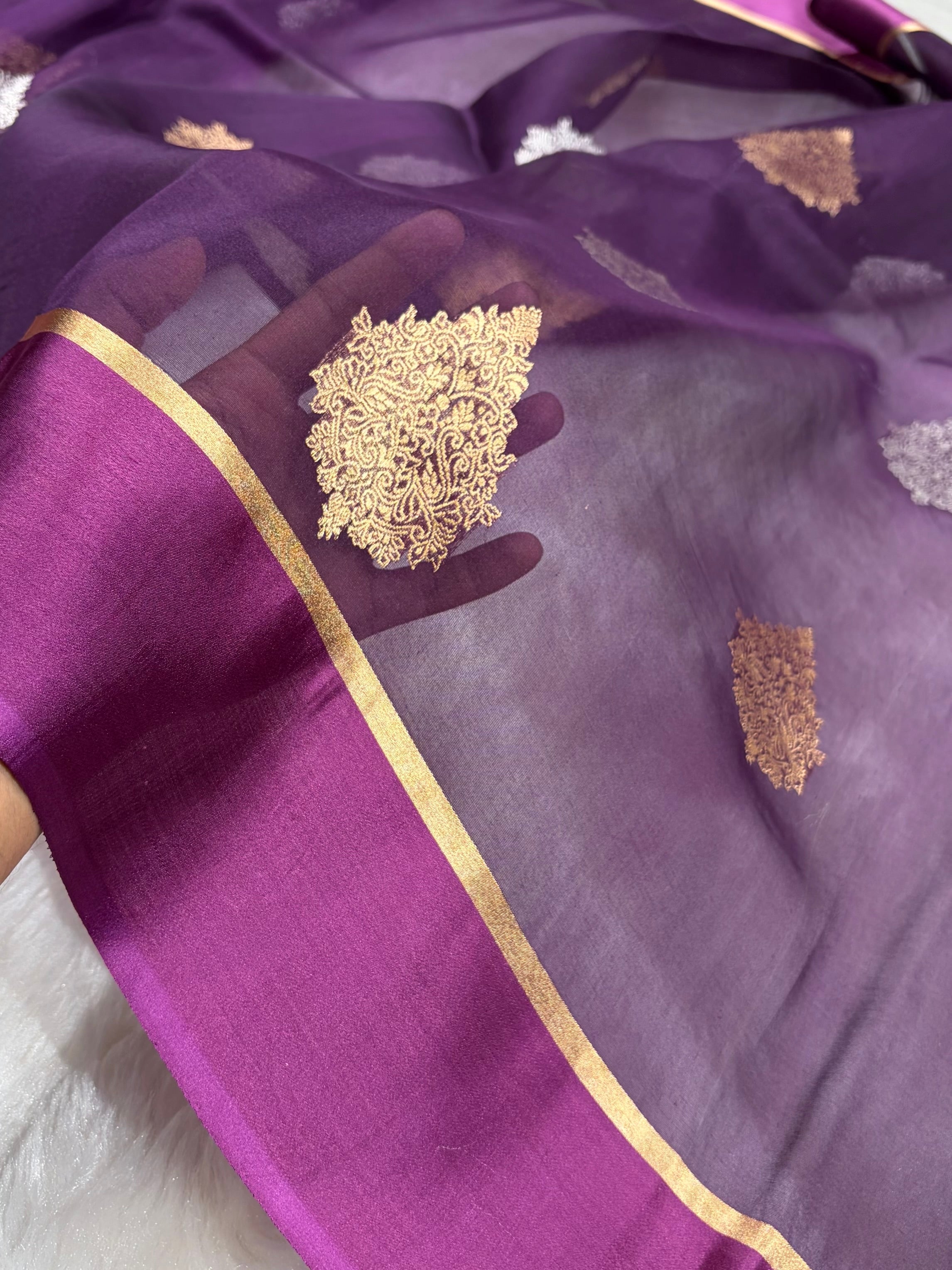 Pure Banarasi Organza Purple Wine Shades With Floral Banarasi Silk Saree PO-29