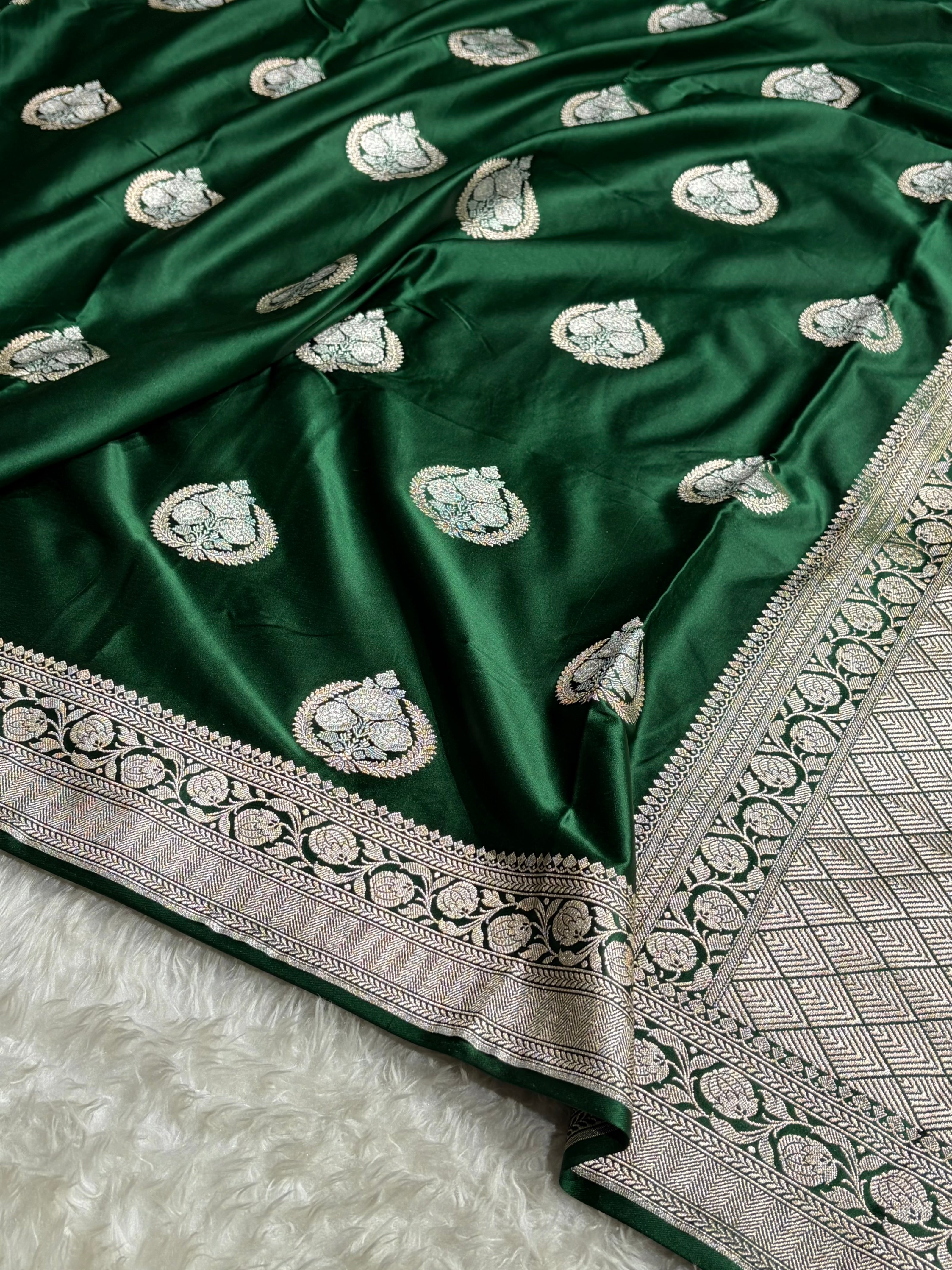Bottle Green Shades Minakari Boota Mashru Silk Saree MS35