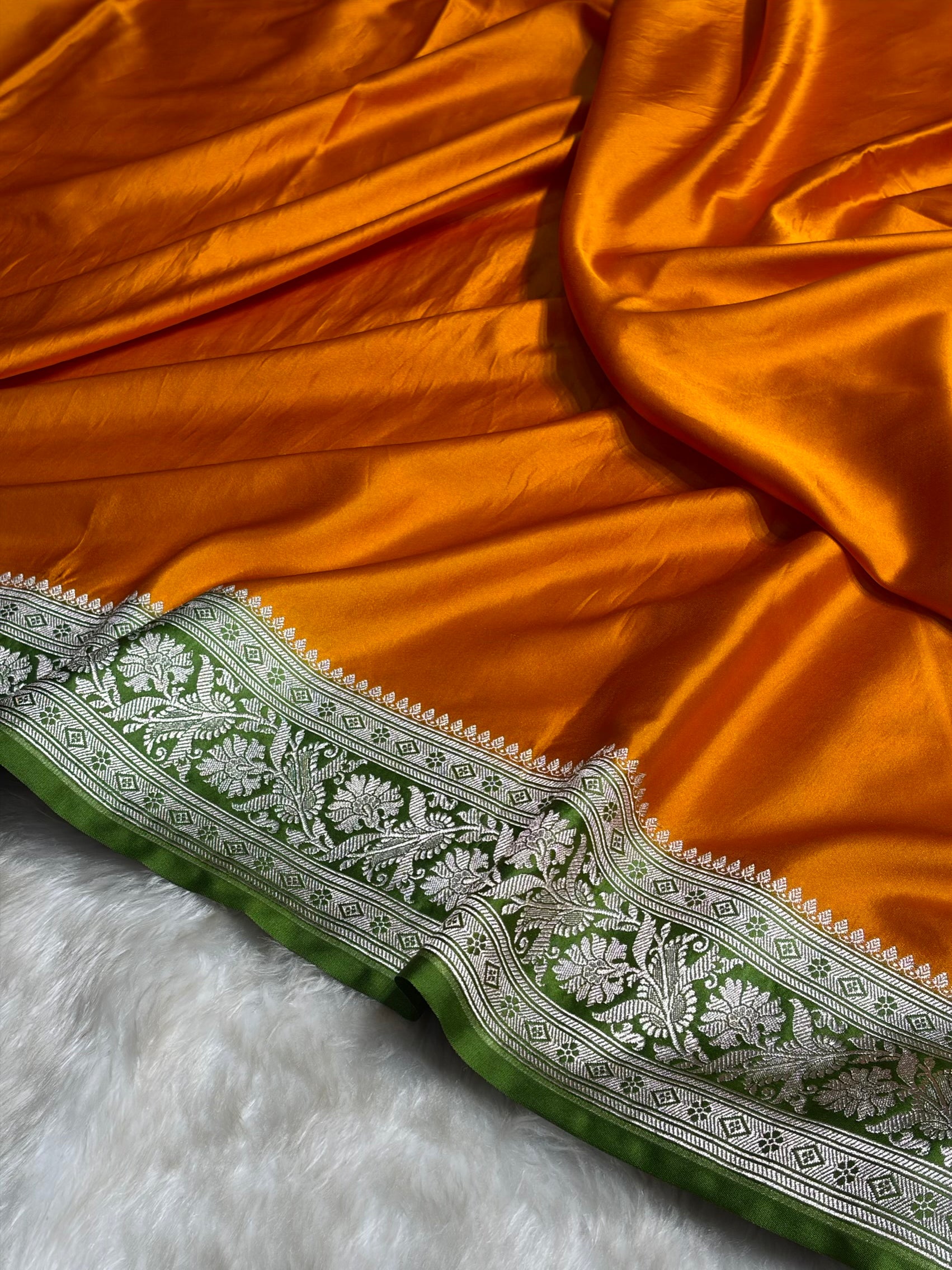 Contrast Orange with Green Border Plain Mashru Silk Saree MS22
