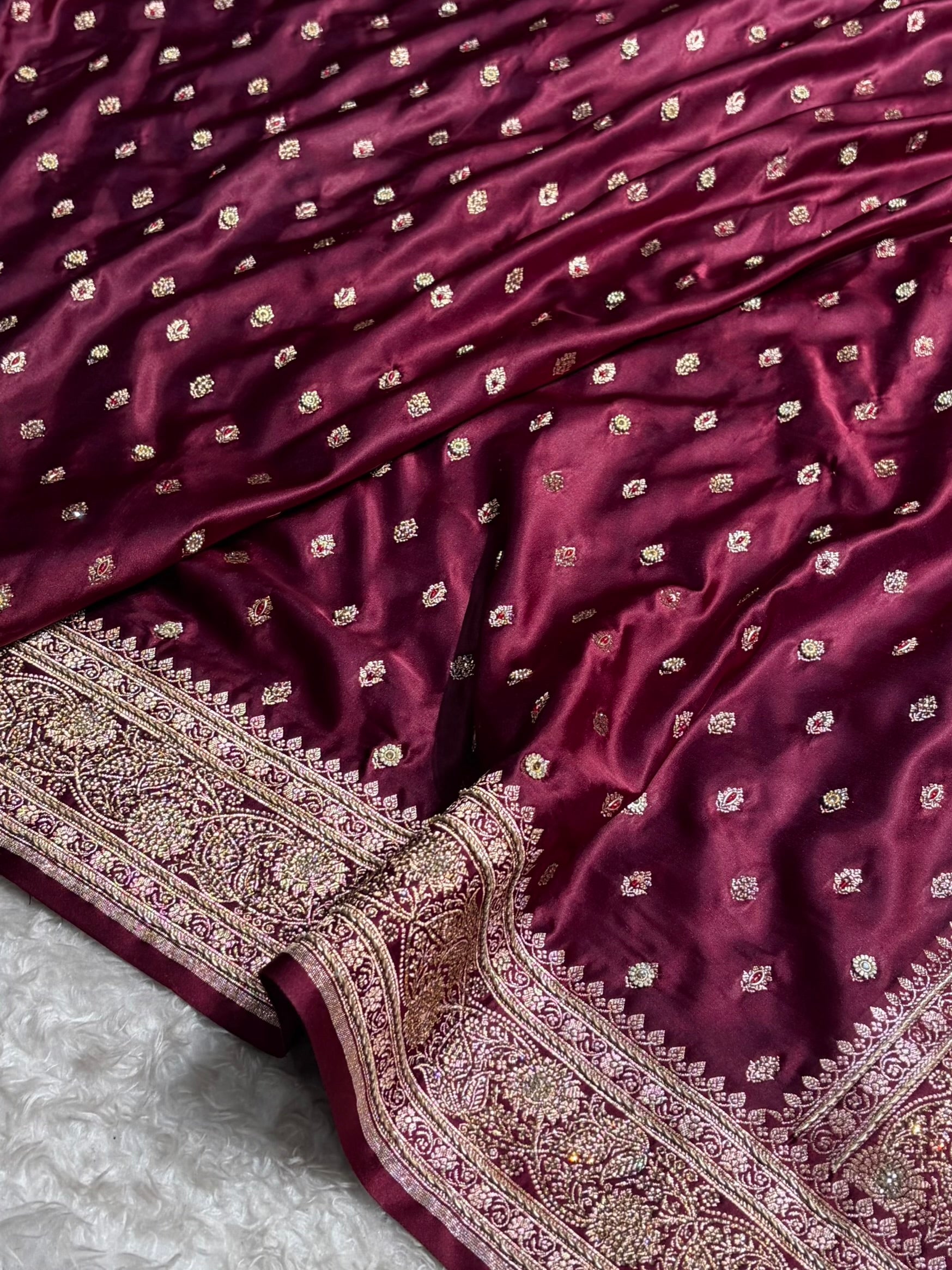 Banarasi Chocolate Booti Pattern With Ari Zardozi Stone Work Satin Katan Silk Saree BSK53
