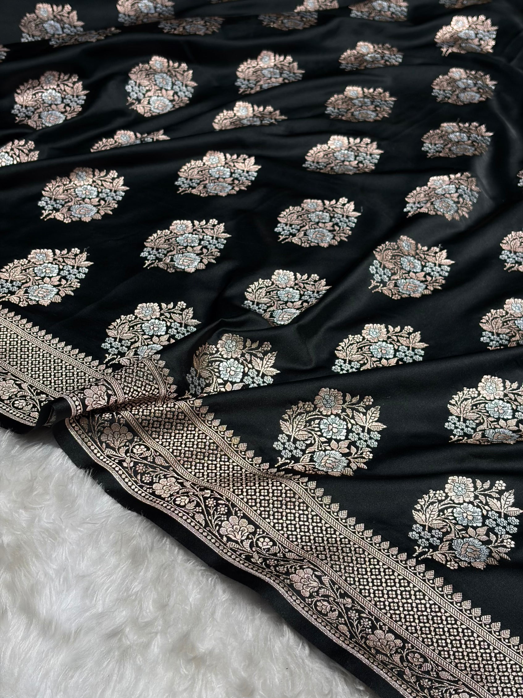 Premium Banarasi Satin Katan Saree With Minakari Boota in Black Shades SK93