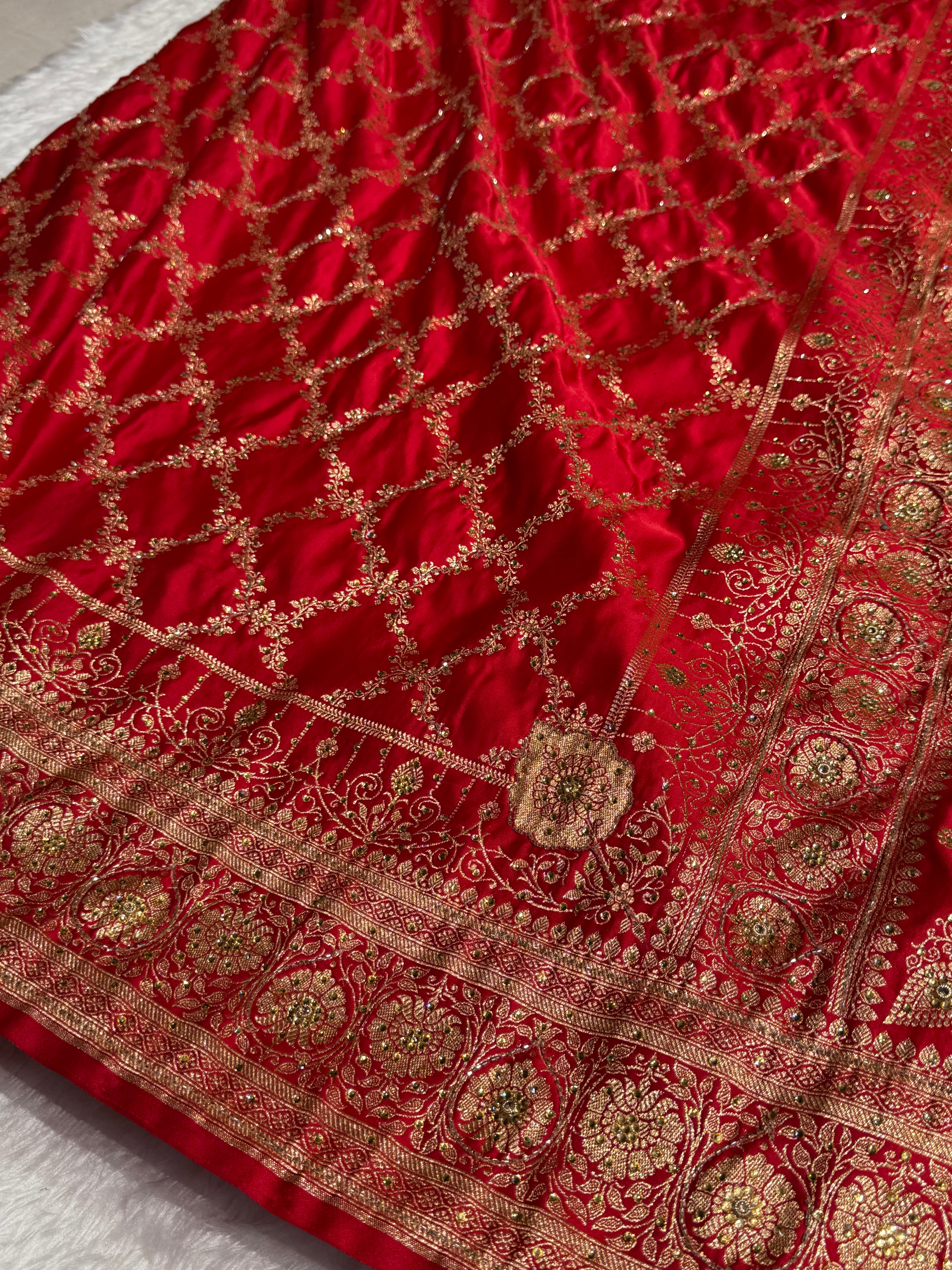 Bridal Red Katan Silk with Ari and Stone
