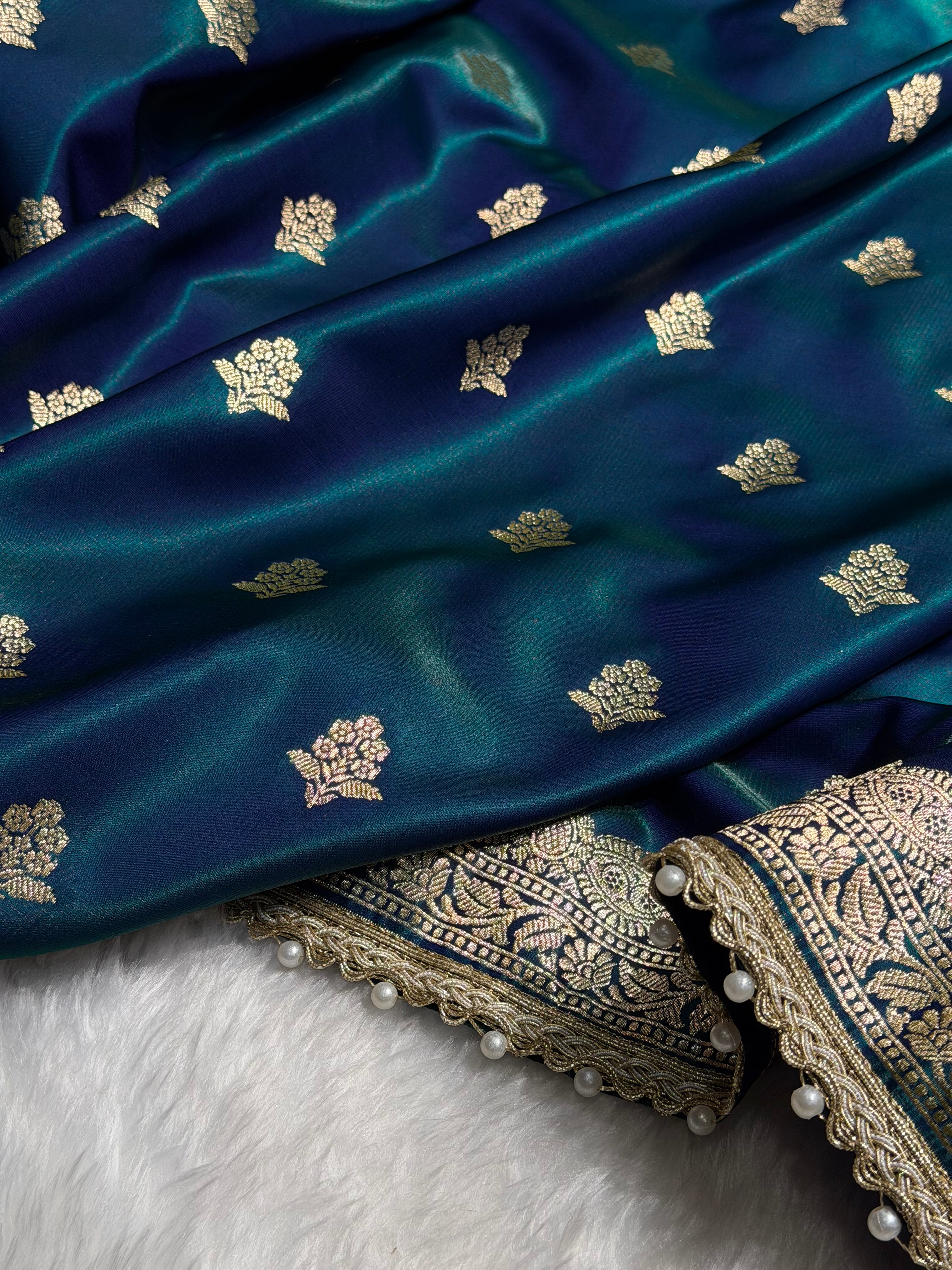 Peacock Shades Booti Satin Silk Saree with gotta patti SSGP07