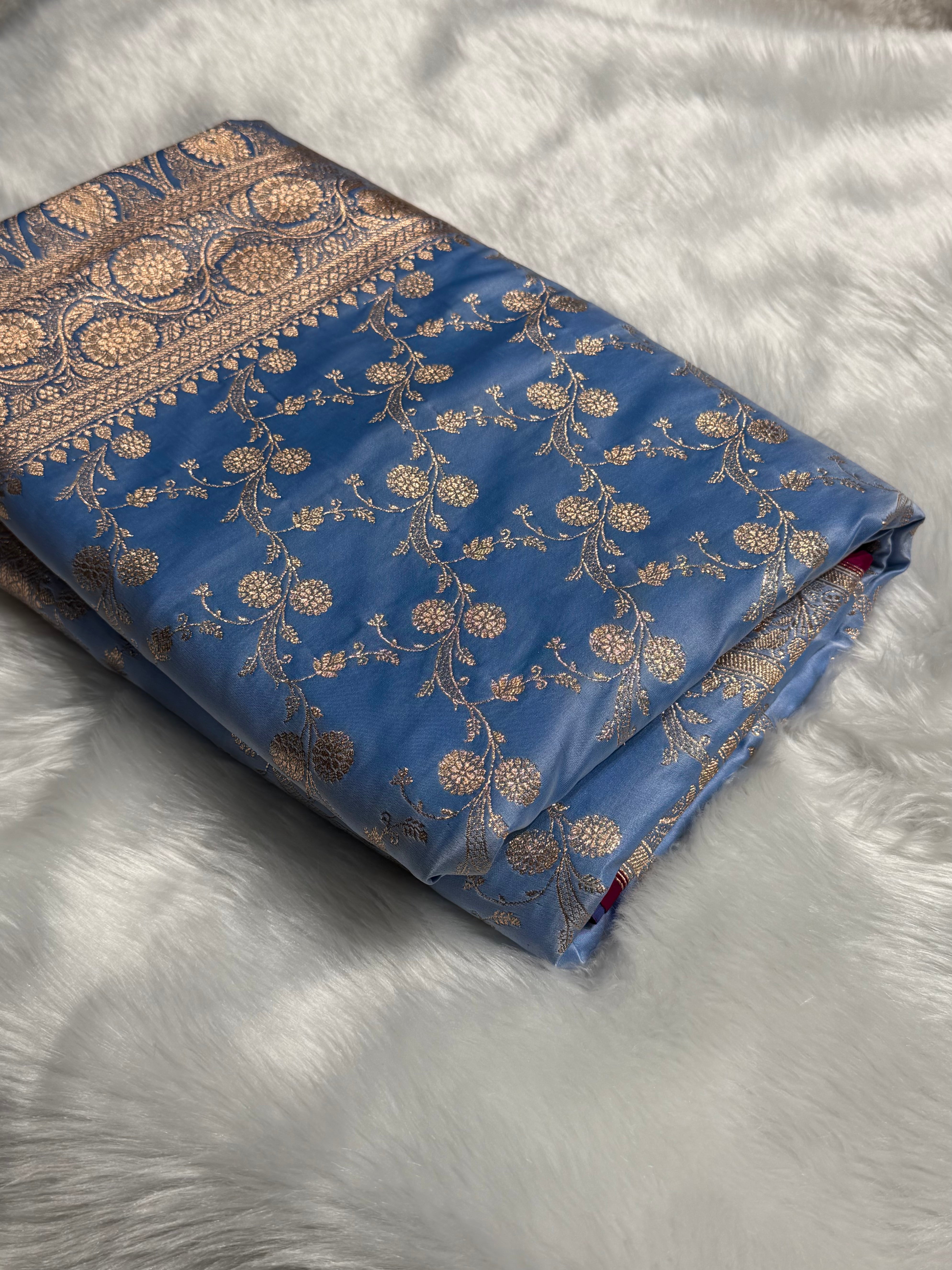 Nile Blue Cross Satin Katan Silk Saree SK17