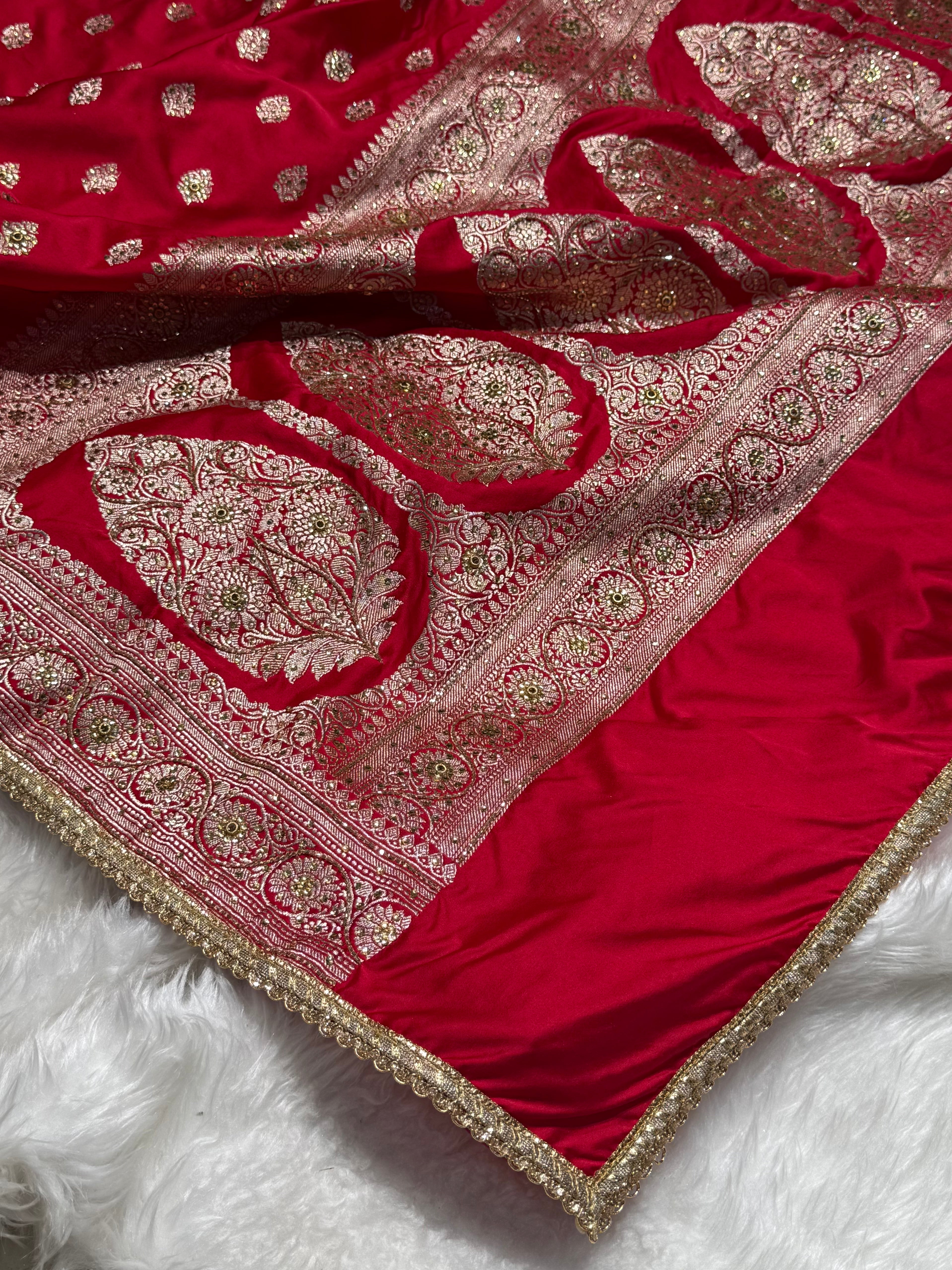 Bridal Red Mashru Silk with Ari and Stone