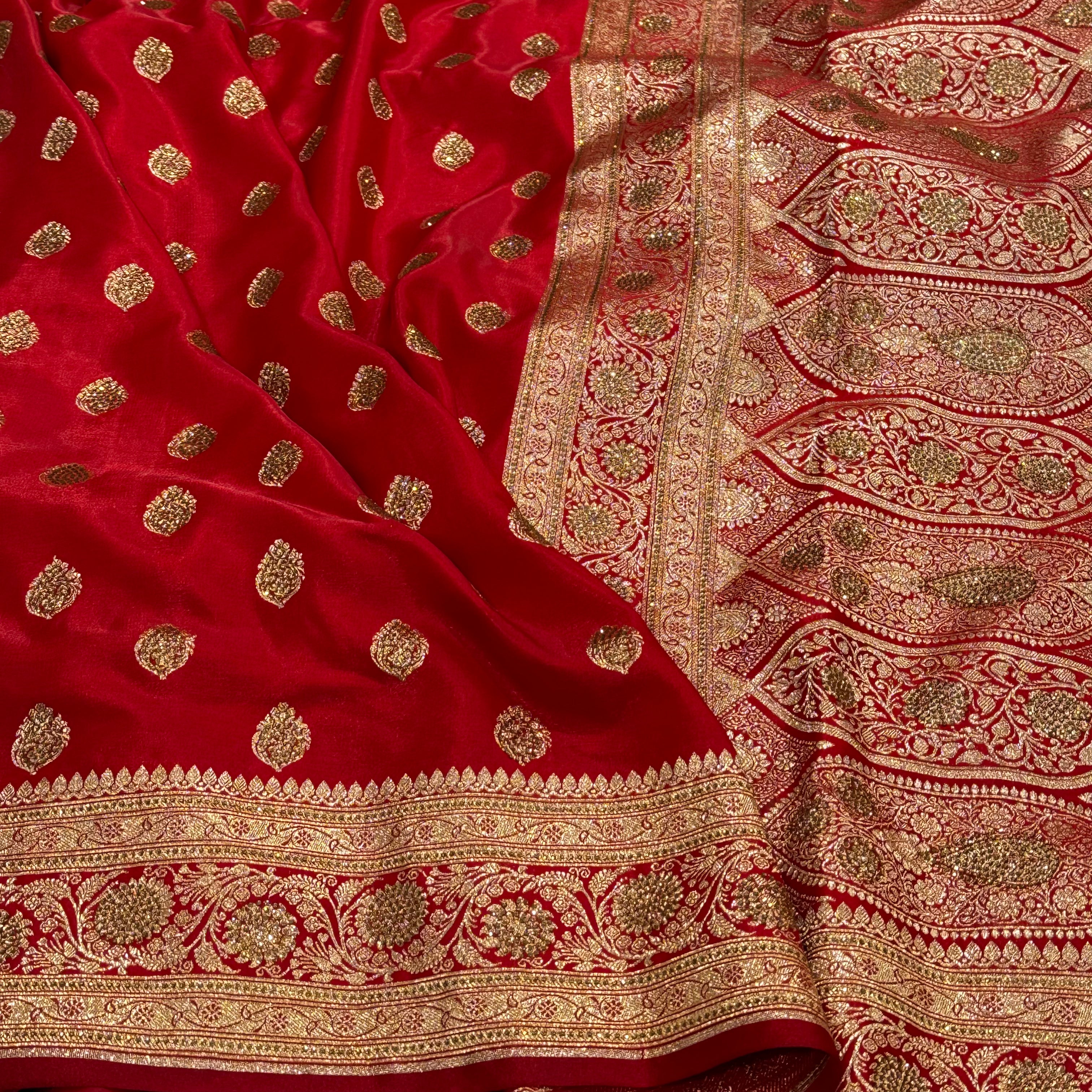 Red Boota Satin Silk Saree with Swarovski work