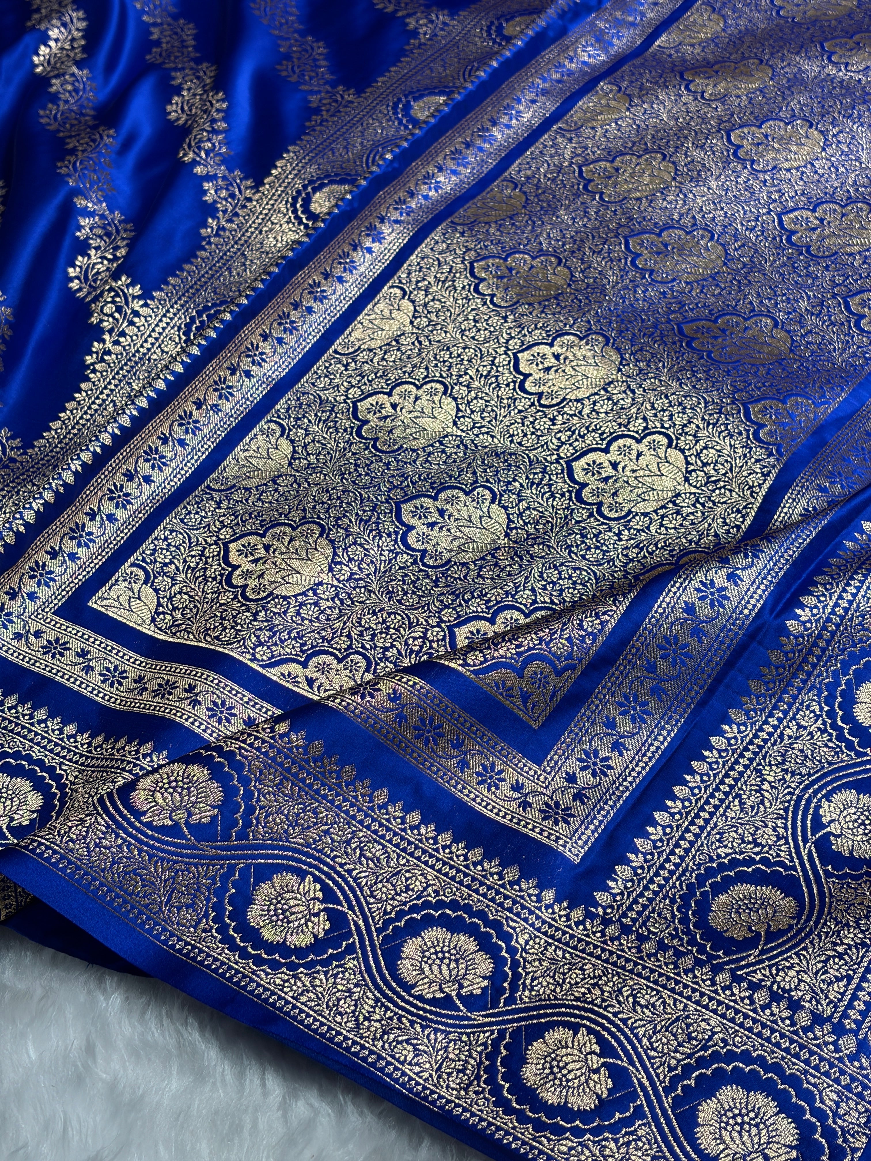 Royal Blue Floral Cross Pattern Satin Katan Silk Saree SK74