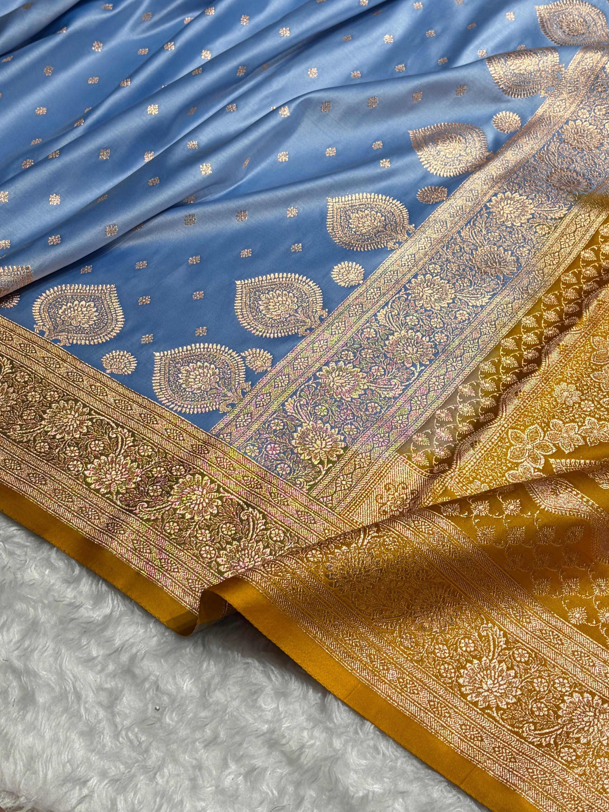 Sky Blue with Mustard Booti Satin Katan Silk saree SK29