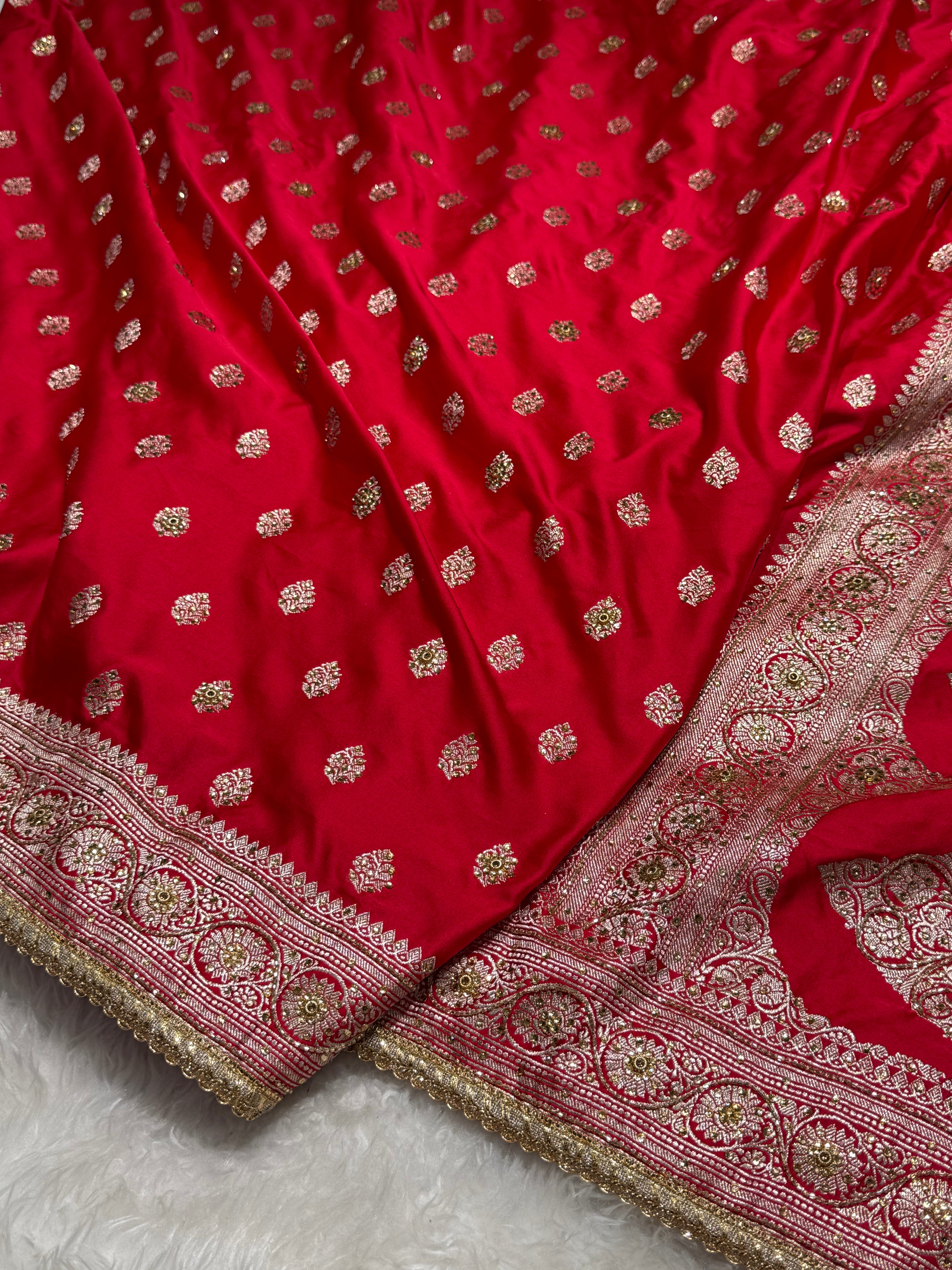 Bridal Red Mashru Silk with Ari and Stone