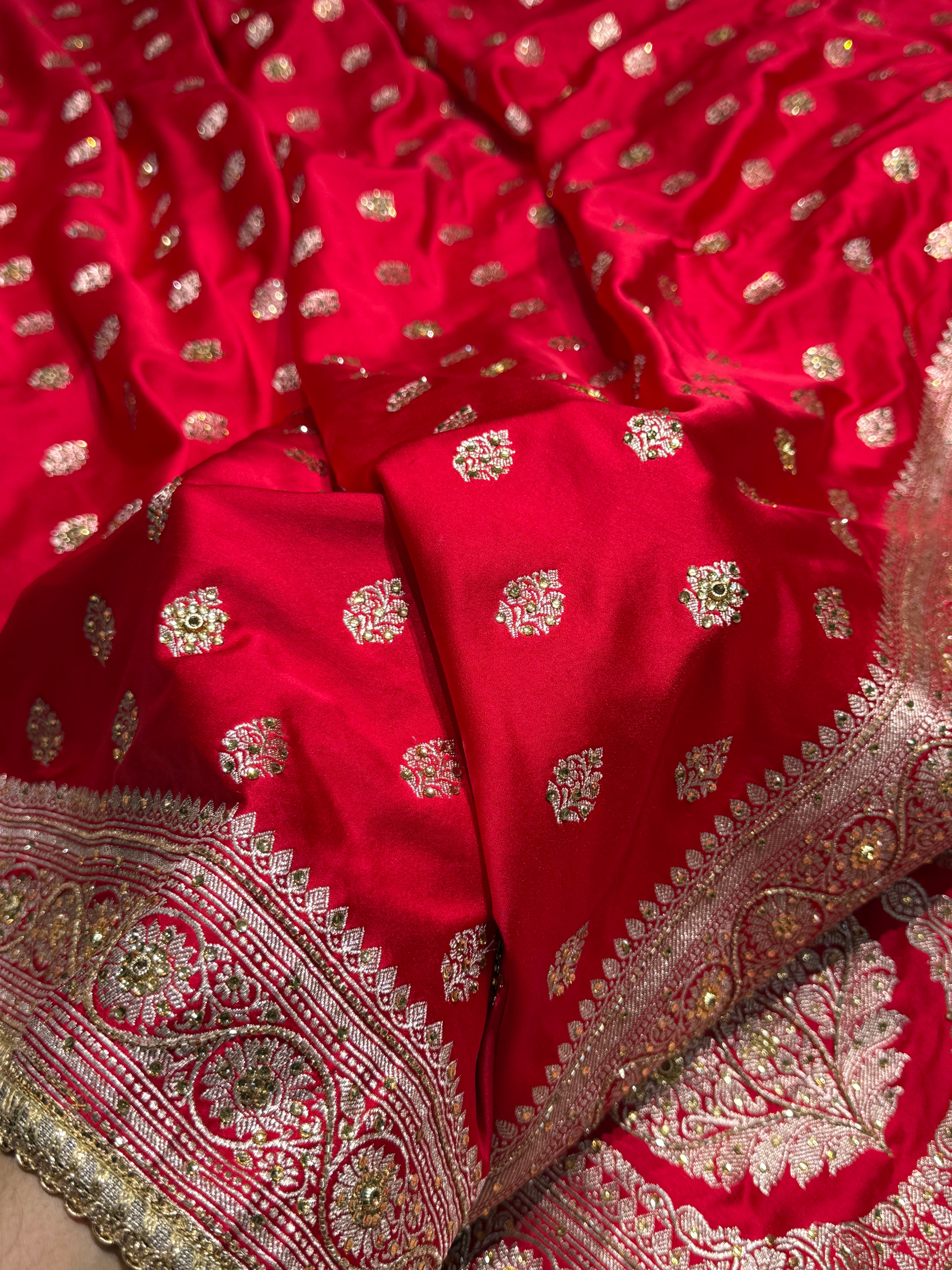 Bridal Red Mashru Silk with Ari and Stone