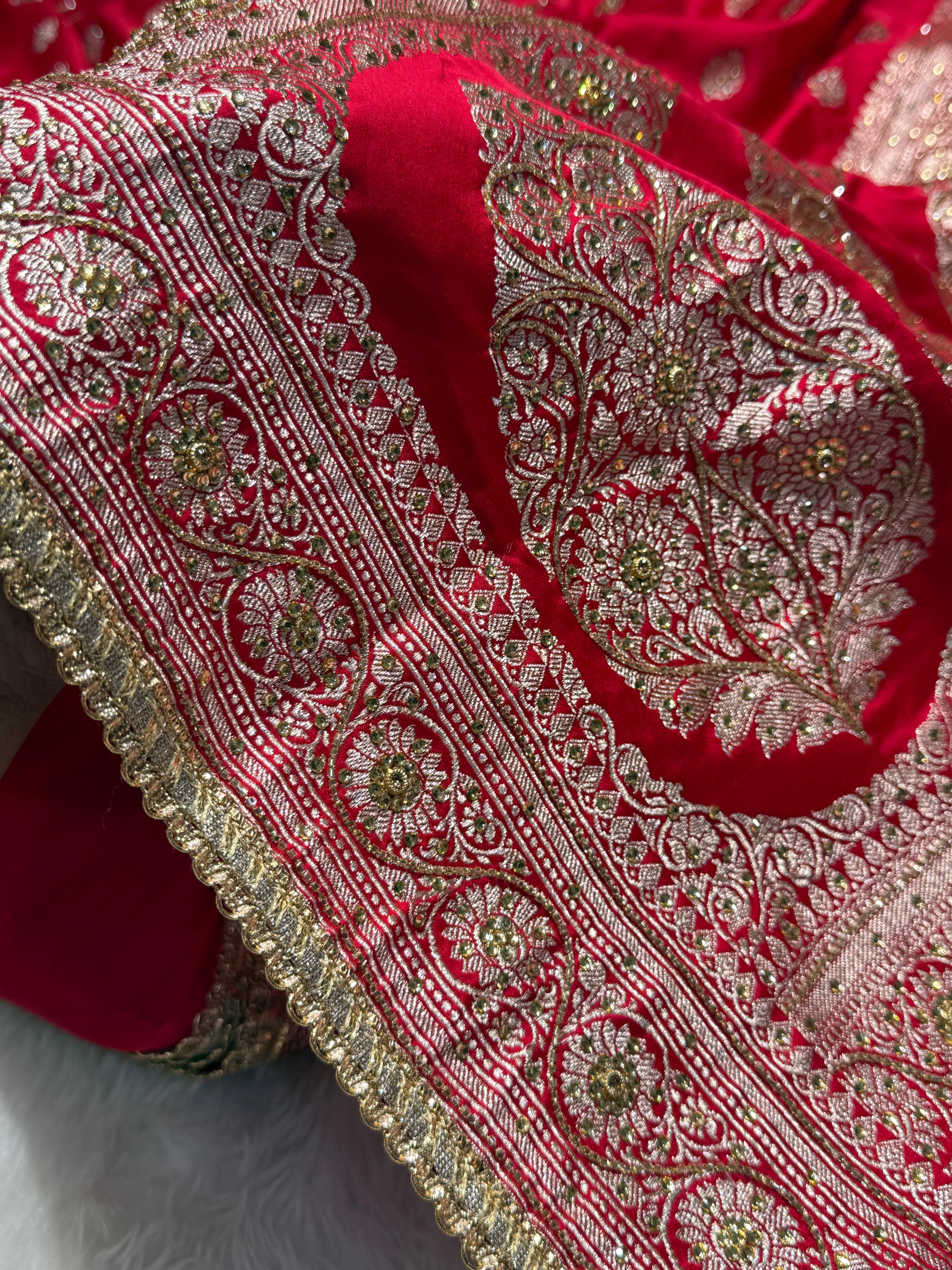 Bridal Red Mashru Silk with Ari and Stone