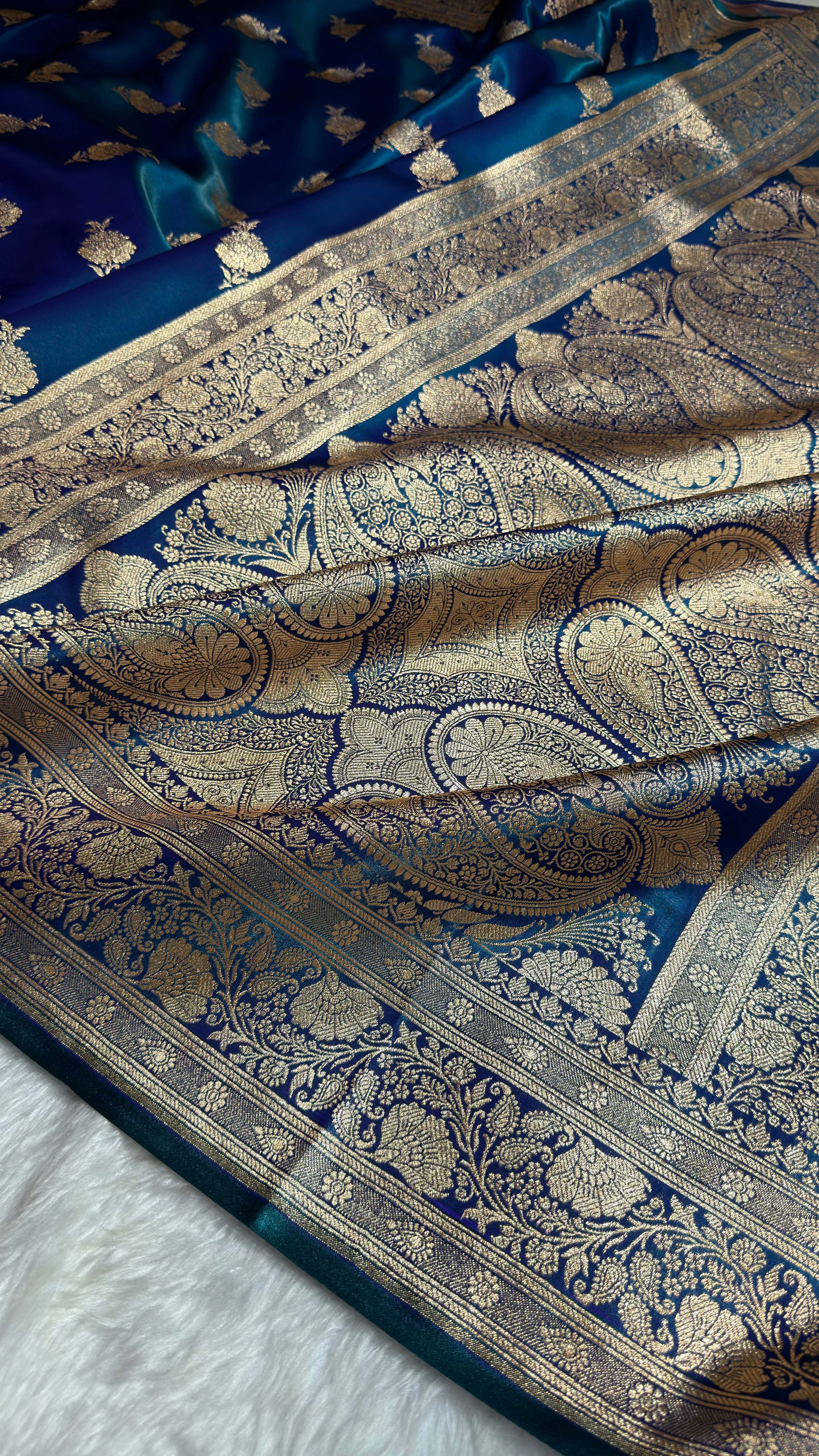 Satin Silk Saree Floral Boota in Peacock Shades In Nine Yards SSNY26