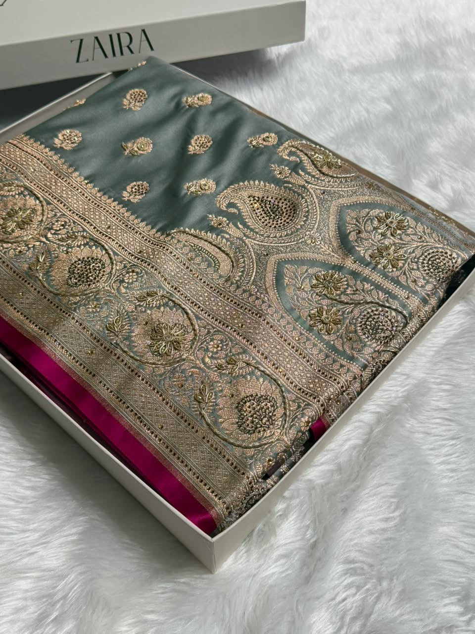 Gray Shades Booti Katan Silk Saree with Stone & Zardozi Work BSK12
