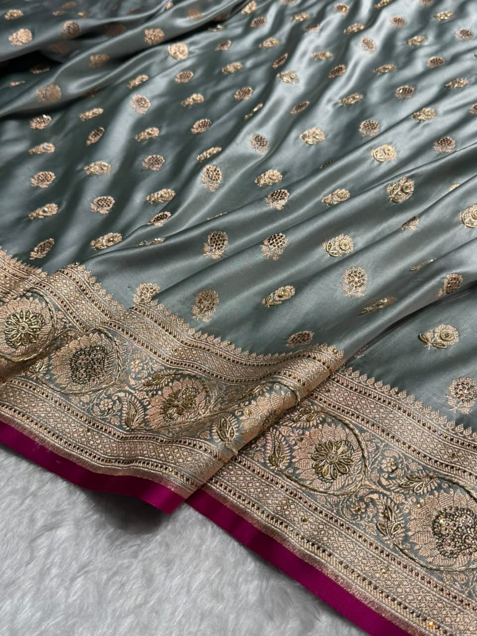 Gray Shades Booti Katan Silk Saree with Stone & Zardozi Work BSK12