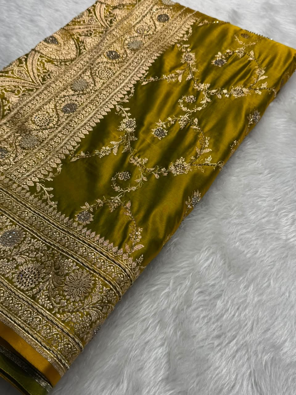 Mehndi Green Floral Jaal Pattern With Ari Zardozi And Swarovski Work Satin Katan Silk saree BSKM40