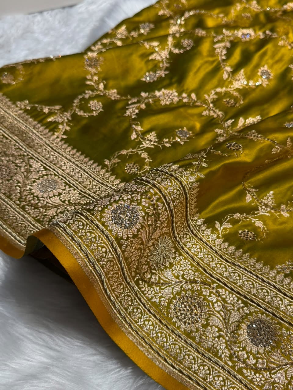 Mehndi Green Floral Jaal Pattern With Ari Zardozi And Swarovski Work Satin Katan Silk saree BSKM40