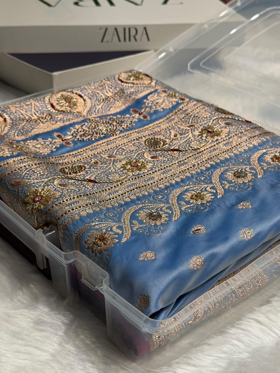 Banarasi Satin Katan Silk Saree With Ari Zardozi And Swarovski Work In Nile Blue Shades BSK08