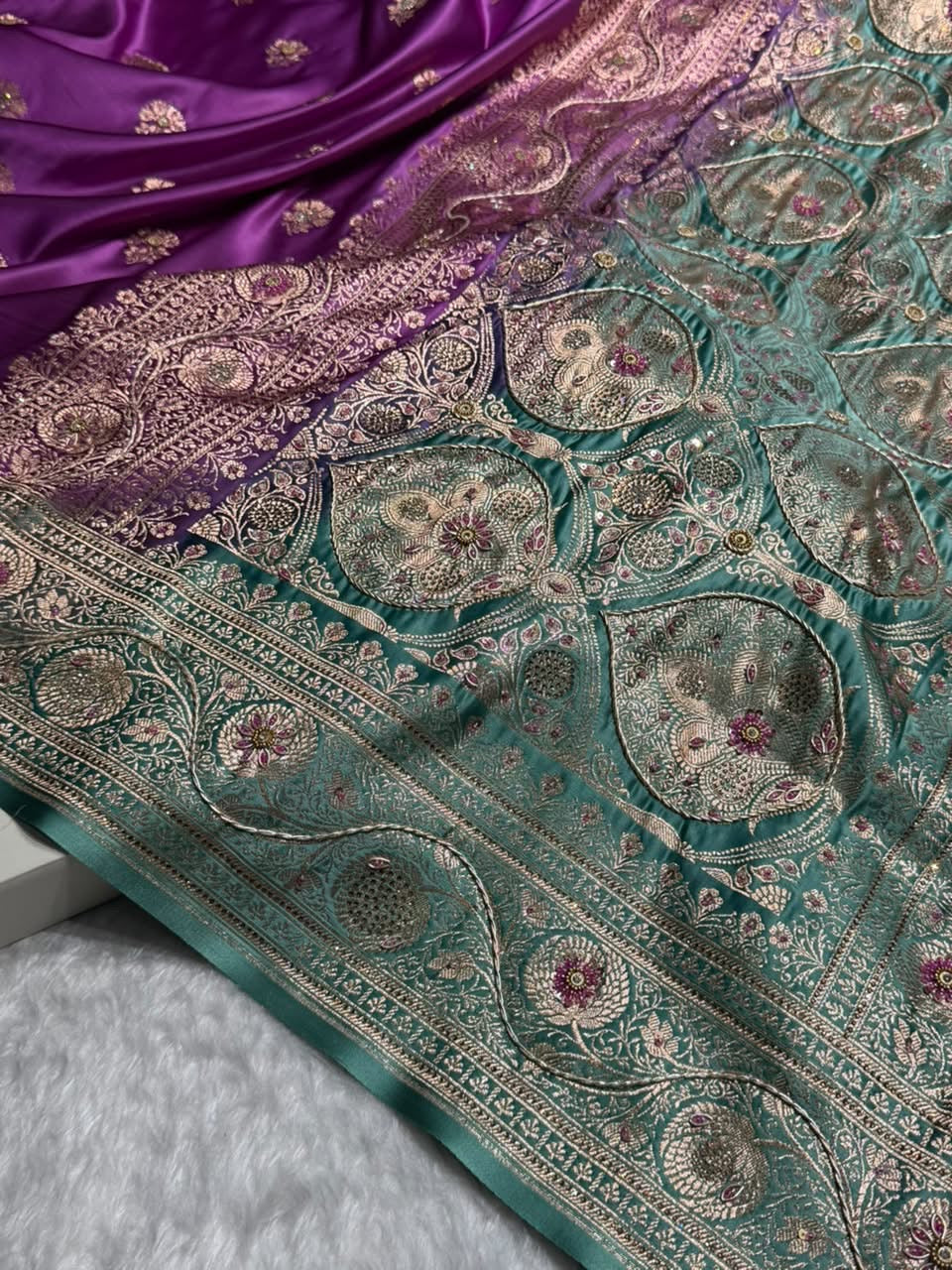 Dark lavender - Sea Green Banarasi Boota With Zardozi Work Katan Silk Saree BSKM29