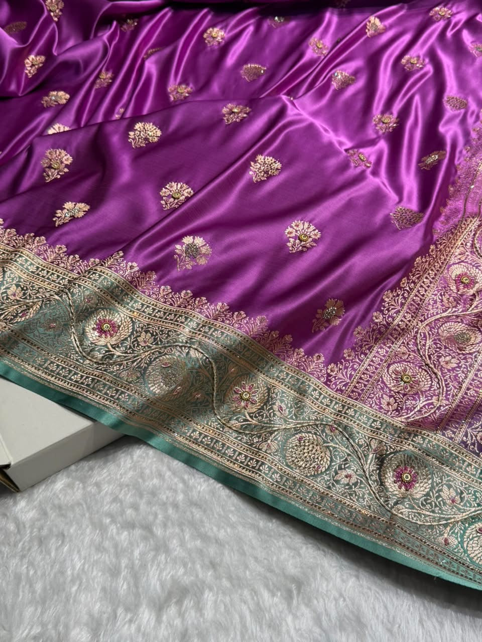 Dark lavender - Sea Green Banarasi Boota With Zardozi Work Katan Silk Saree BSKM29