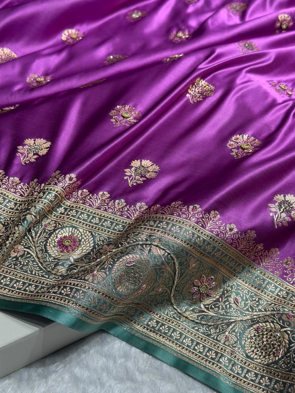 Dark lavender - Sea Green Banarasi Boota With Zardozi Work Katan Silk Saree BSKM29