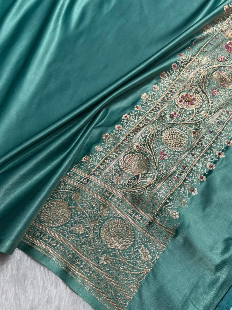 Dark lavender - Sea Green Banarasi Boota With Zardozi Work Katan Silk Saree BSKM29