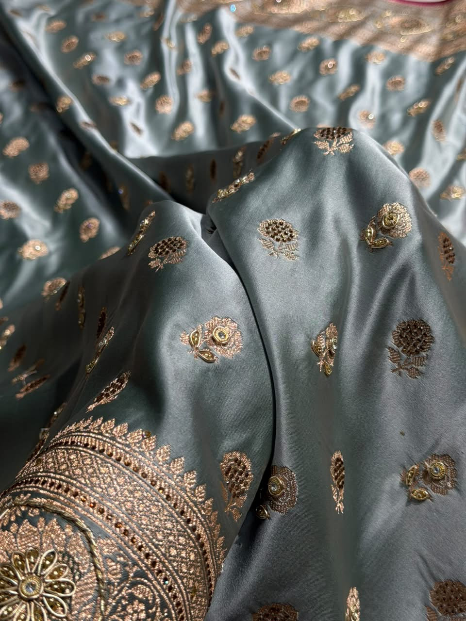Gray Shades Booti Katan Silk Saree with Stone & Zardozi Work BSK12