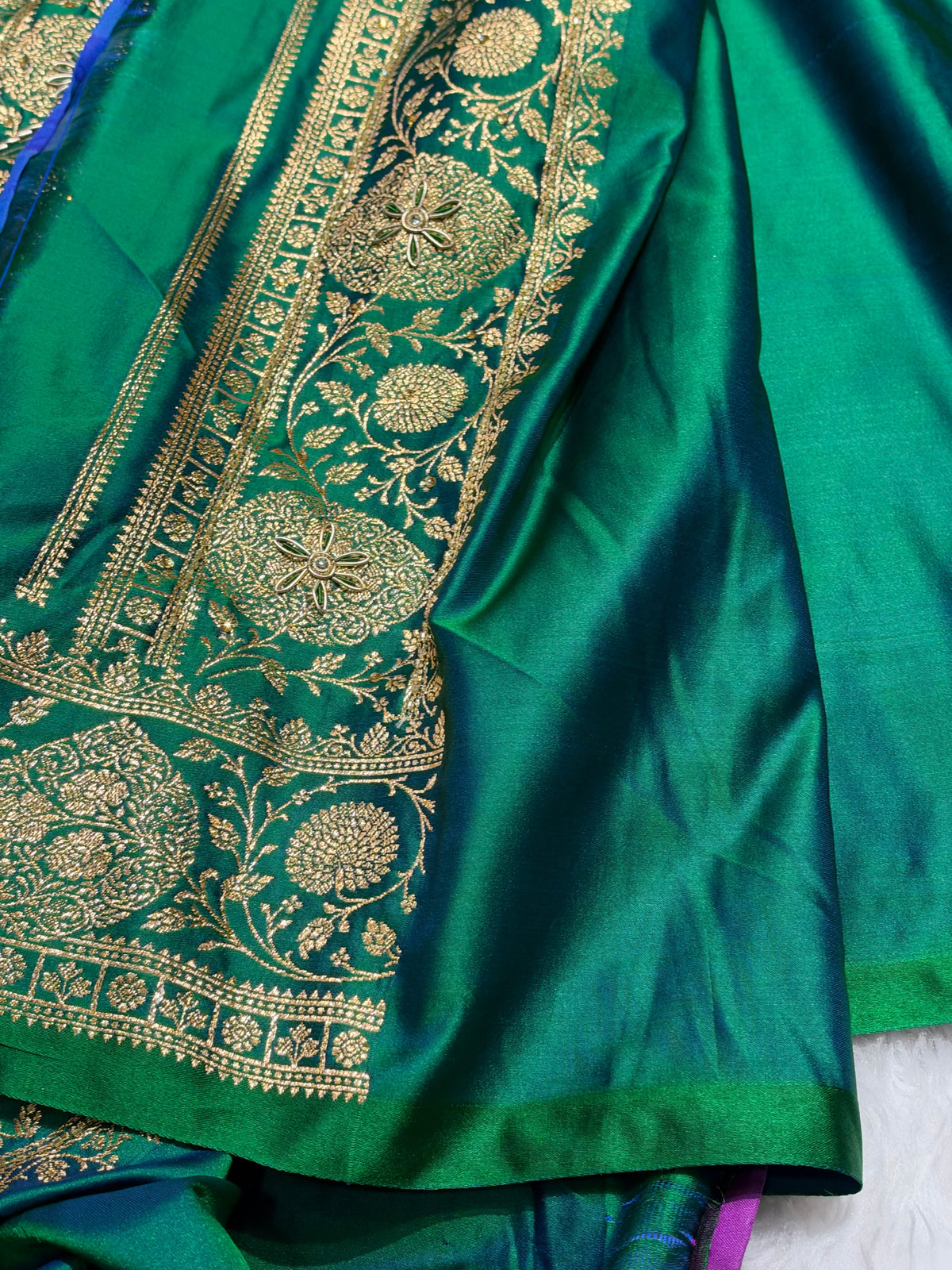 Banarasi Satin Katan Saree With Aari Zardozi Work Boota in Cross Green Shades BSK98