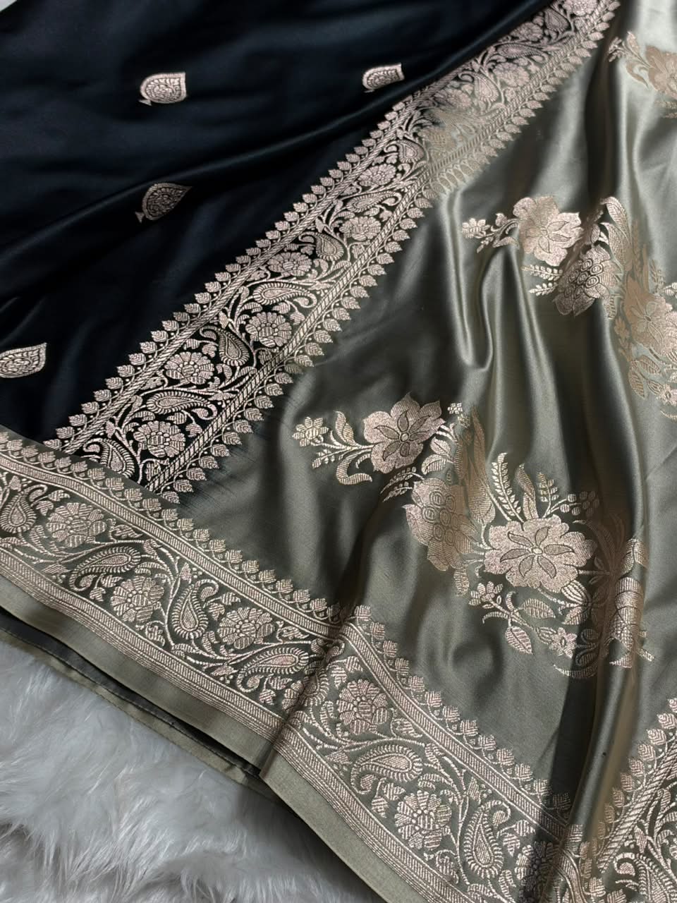 Contrast Black / Tusser Shade Banarasi Booti Pattern Mashru Silk Saree MSM-140