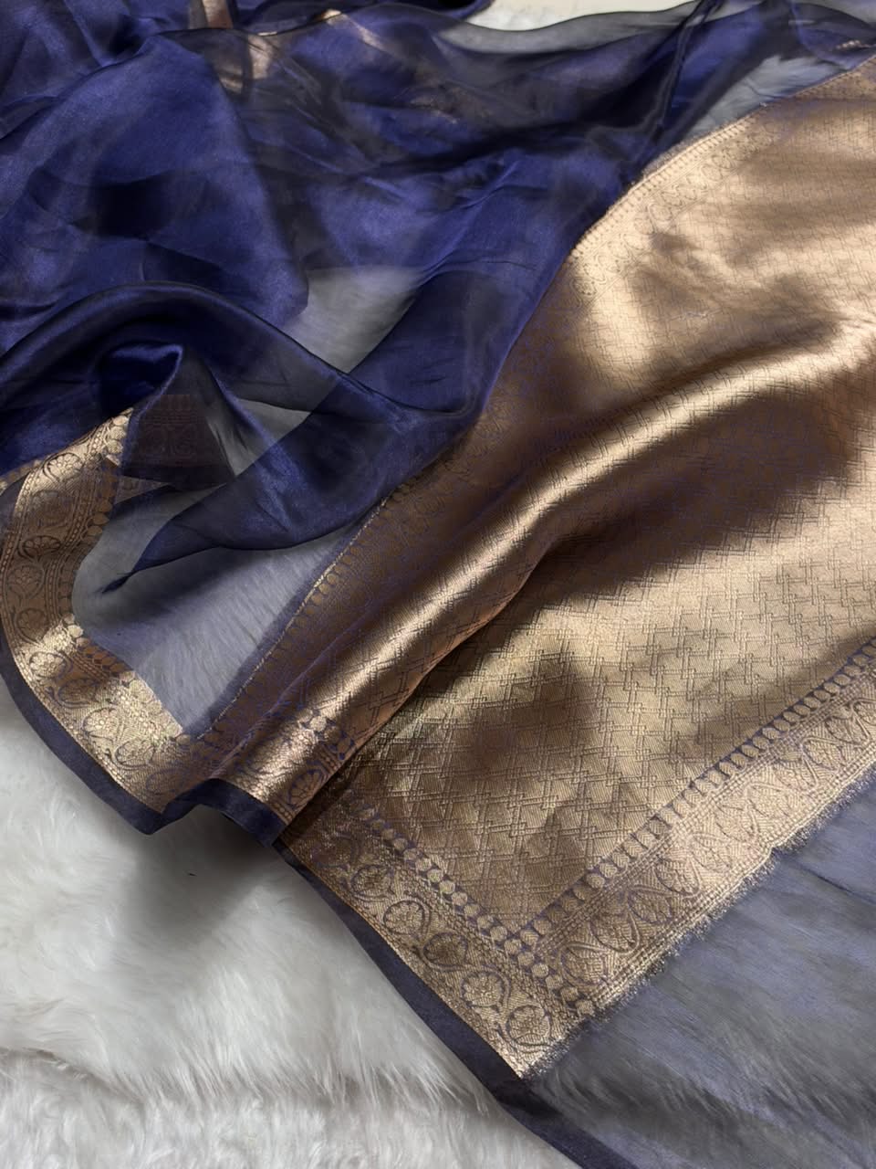 Deep Navy Blue Tissue Silk Saree with Brocade Blouse PT-09
