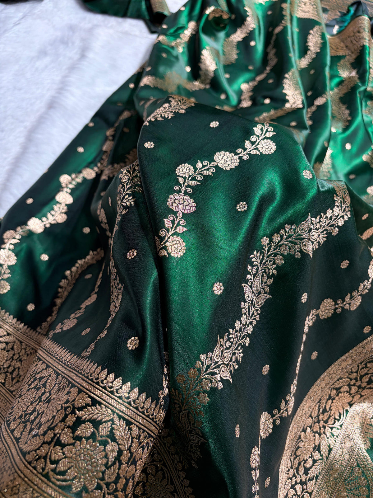 Banarasi Light Weight Satin Silk Bottle Green Shades SS10