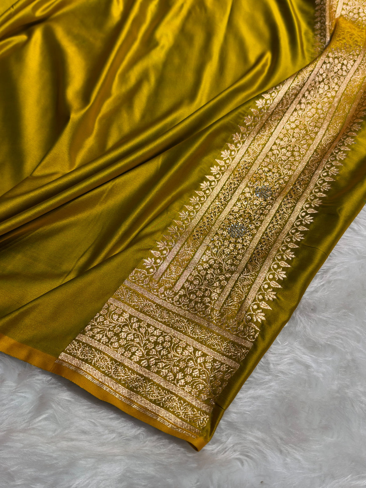 Banarasi Satin Katan Saree With Swarovski Work in Mahendi Shades BSK88
