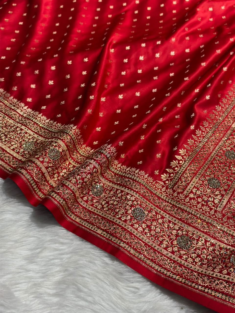 Banarasi Satin Katan Saree With Swarovski Work in Bridal Red Shades BSK88