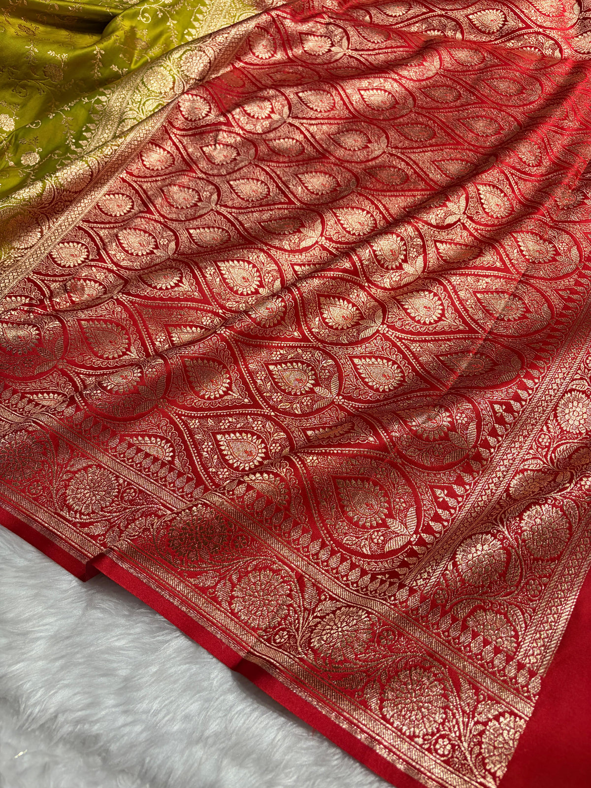 Banarasi Satin Katan Saree in Contrast Mahendi Green / Red Shades SK158