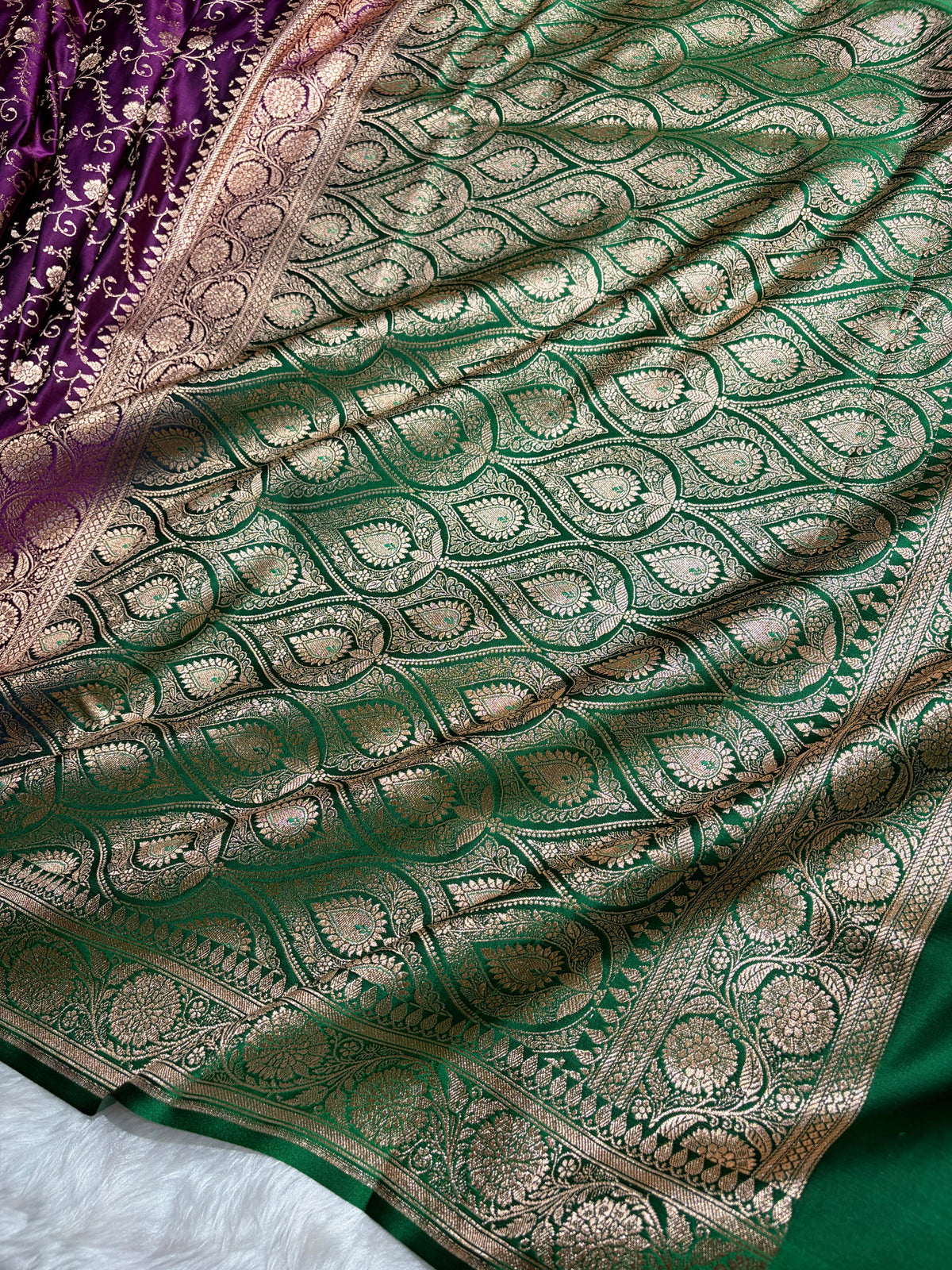 Banarasi Satin Katan Saree in Contrast Wine / Green Shades SK158