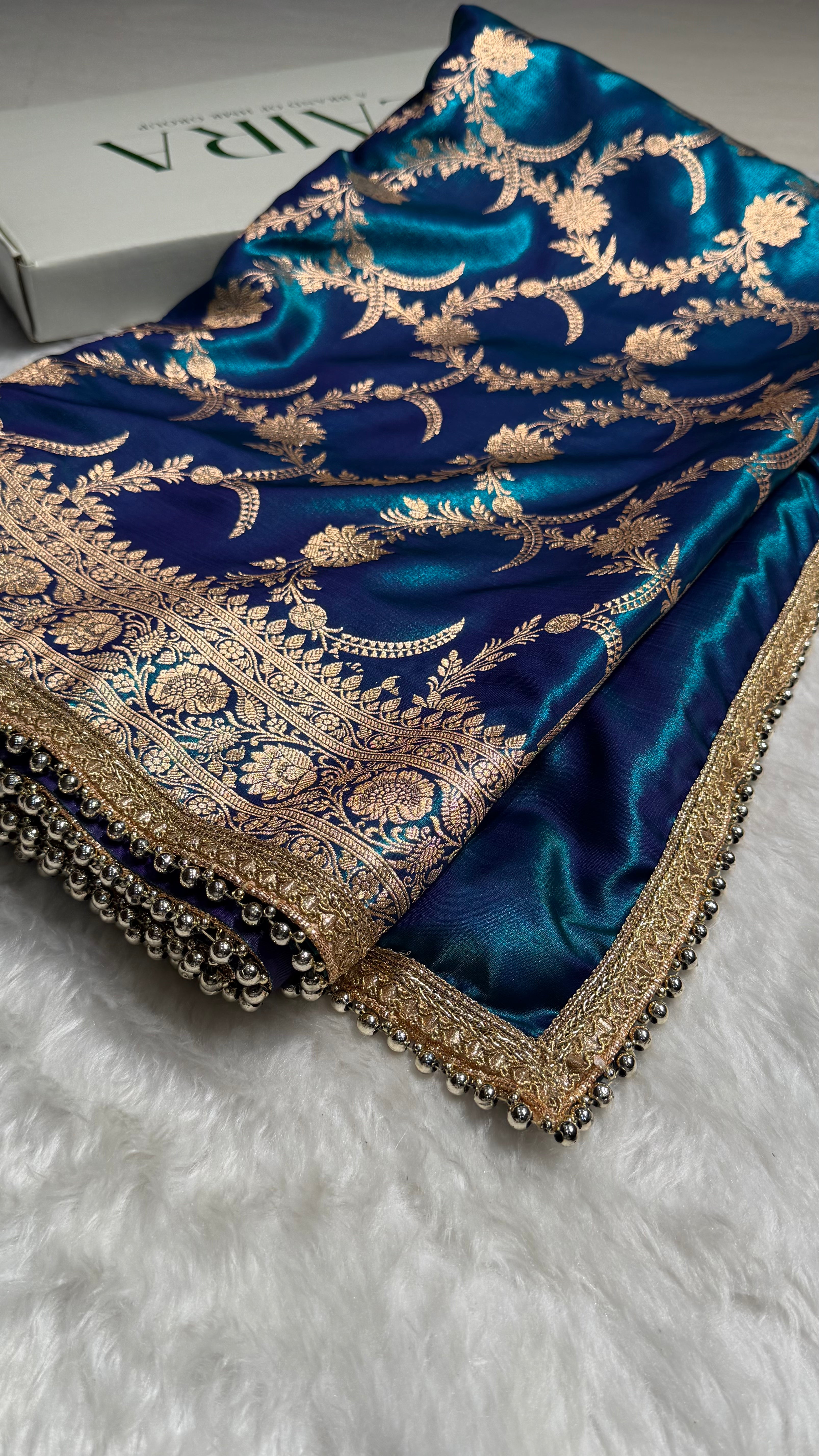 Satin Silk Banarasi Jaal In Peacock Shades With Gotta Patti SSGP18