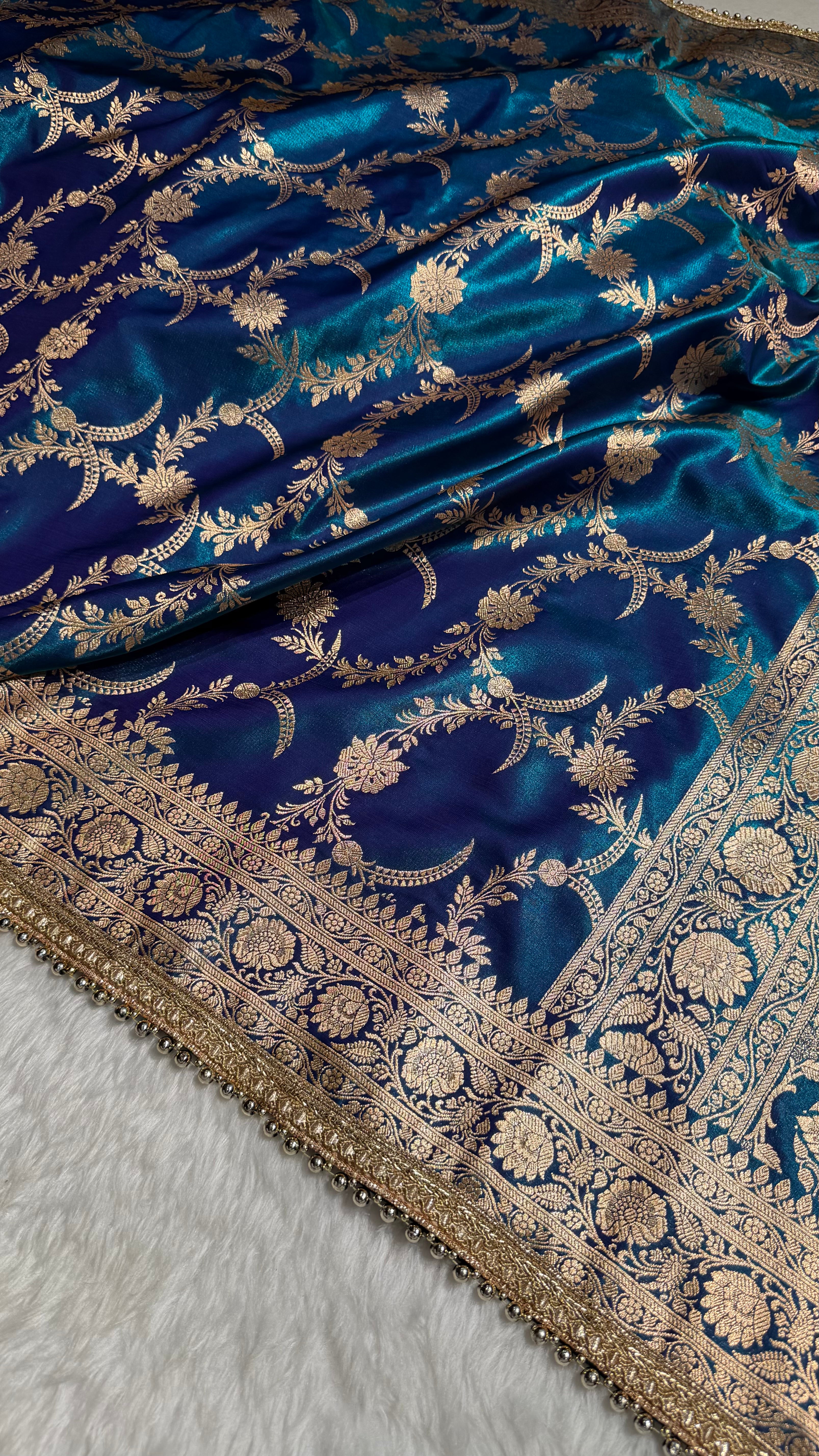 Satin Silk Banarasi Jaal In Peacock Shades With Gotta Patti SSGP18
